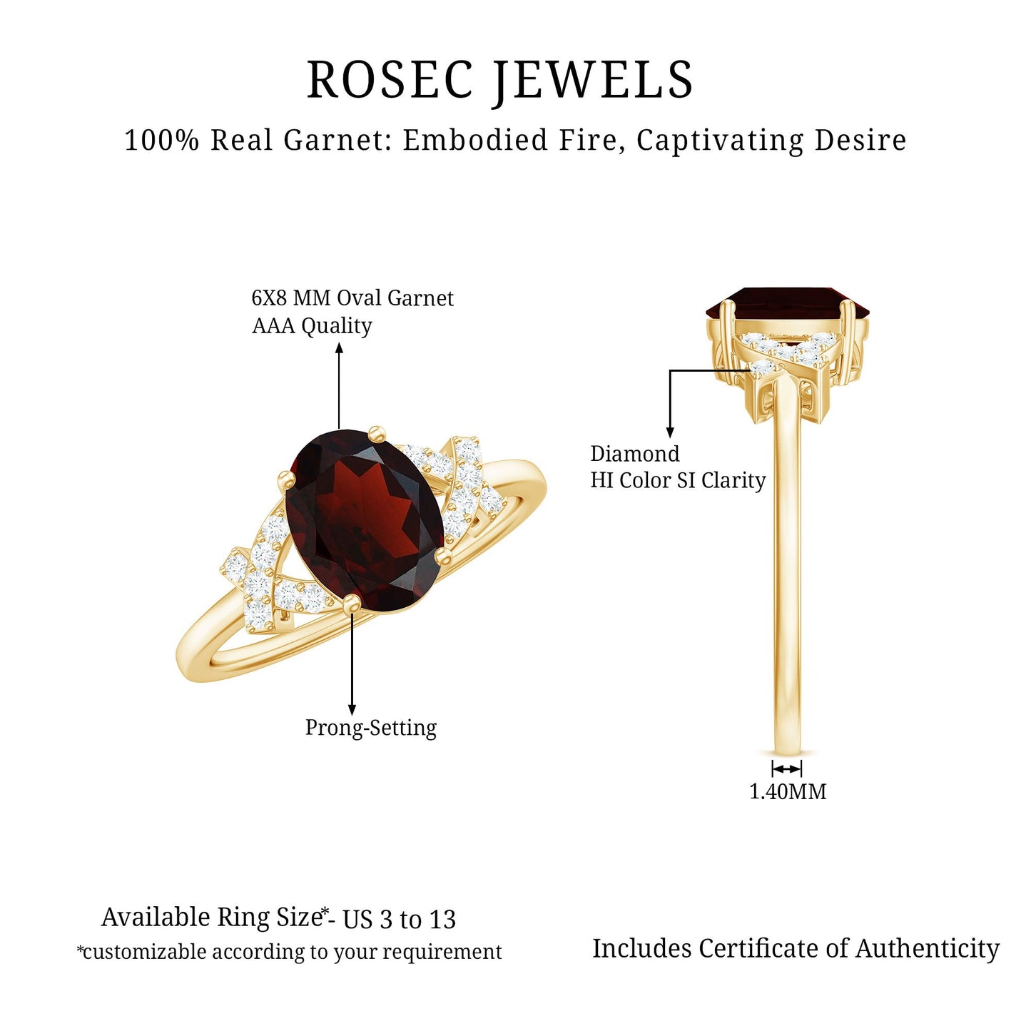Real 1.5 Carat Garnet Oval Engagement Ring with Diamond Split Shank