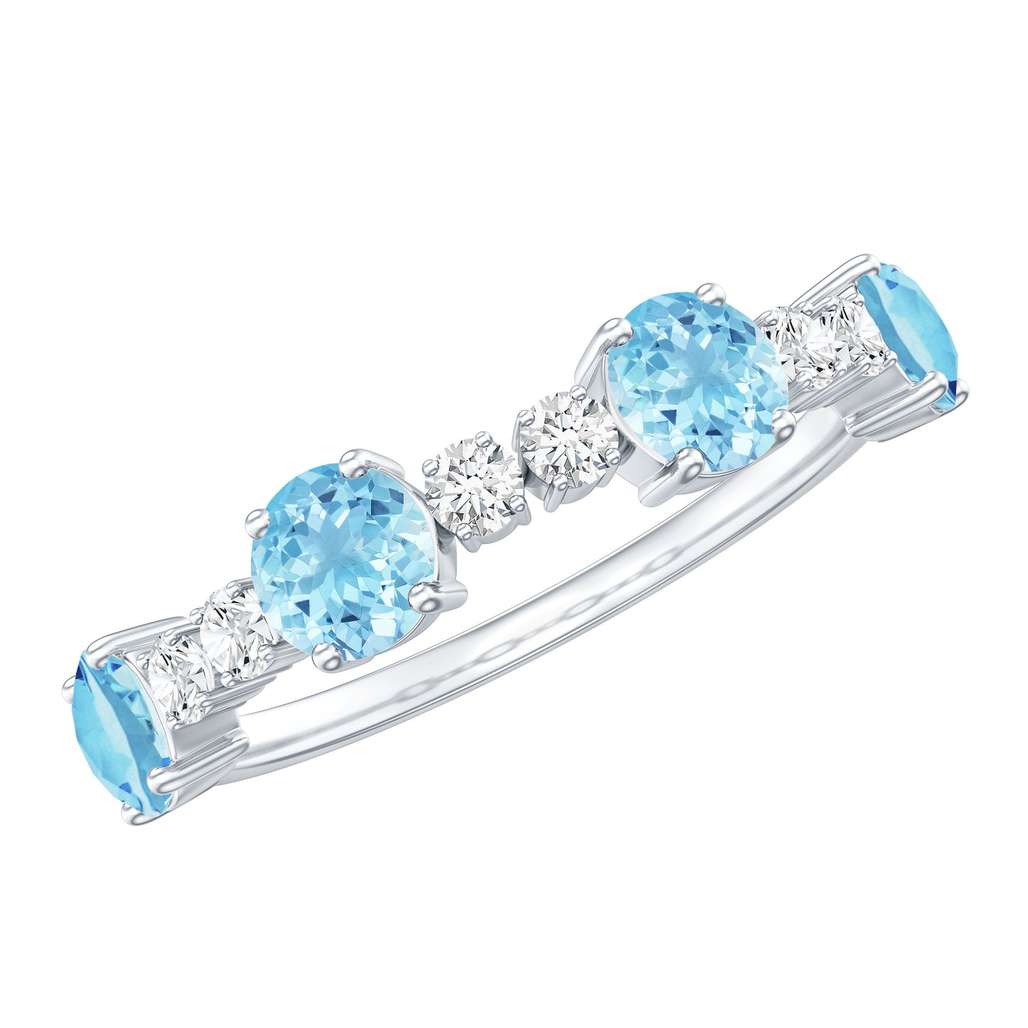 Genuine Aquamarine and Diamond Half Eternity Ring in Prong Setting