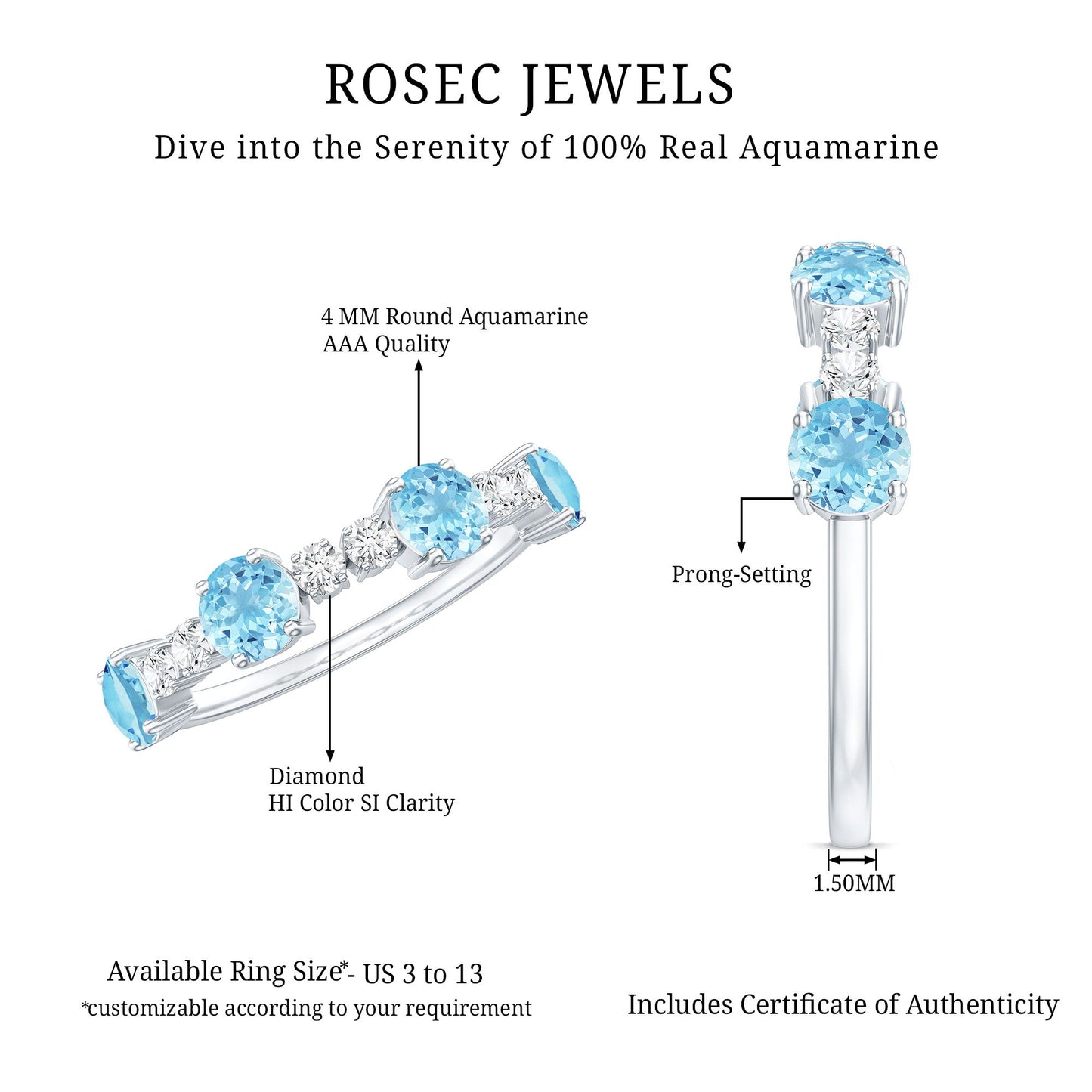 Genuine Aquamarine and Diamond Half Eternity Ring in Prong Setting