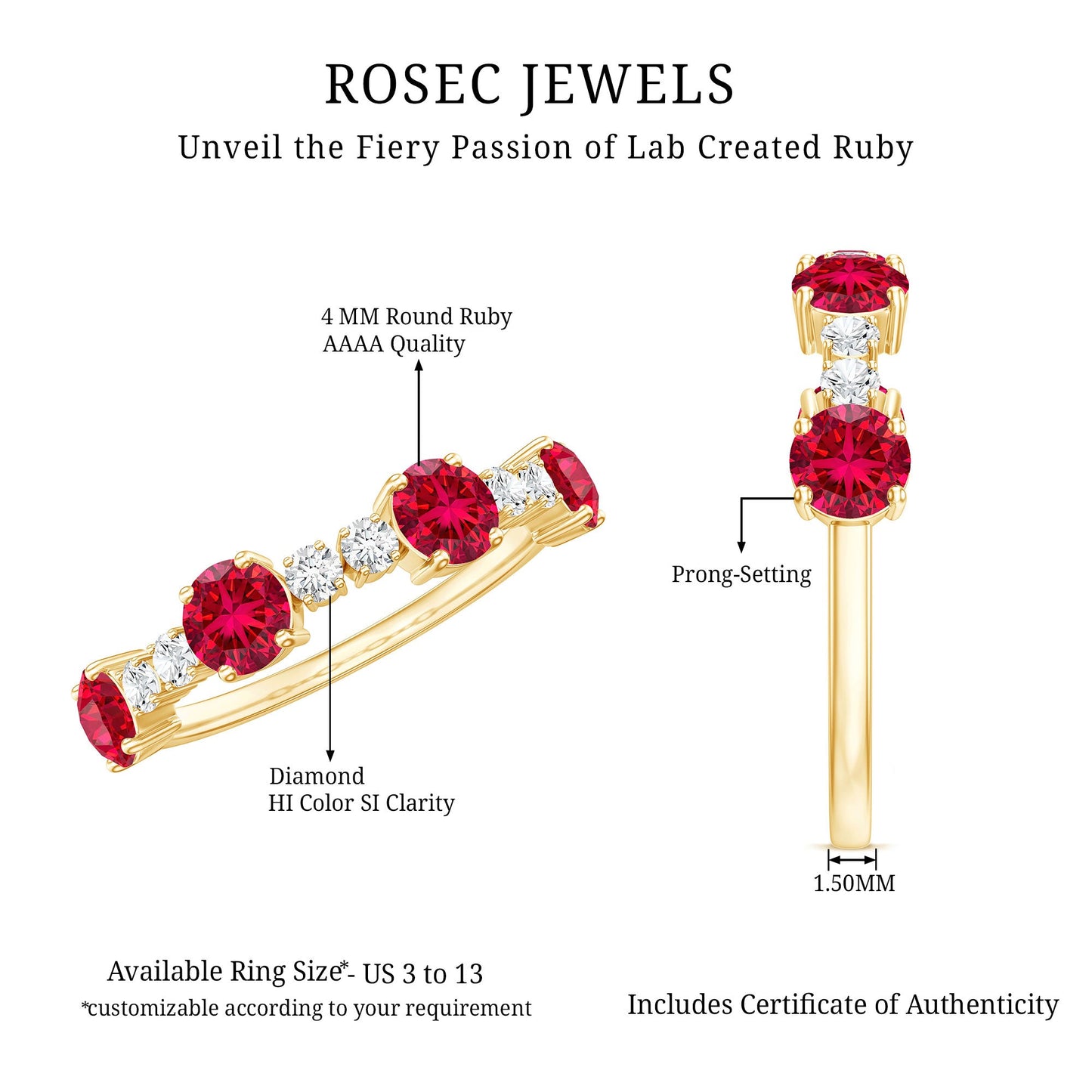 Certified Lab Grown Ruby Half Eternity Ring with Diamond
