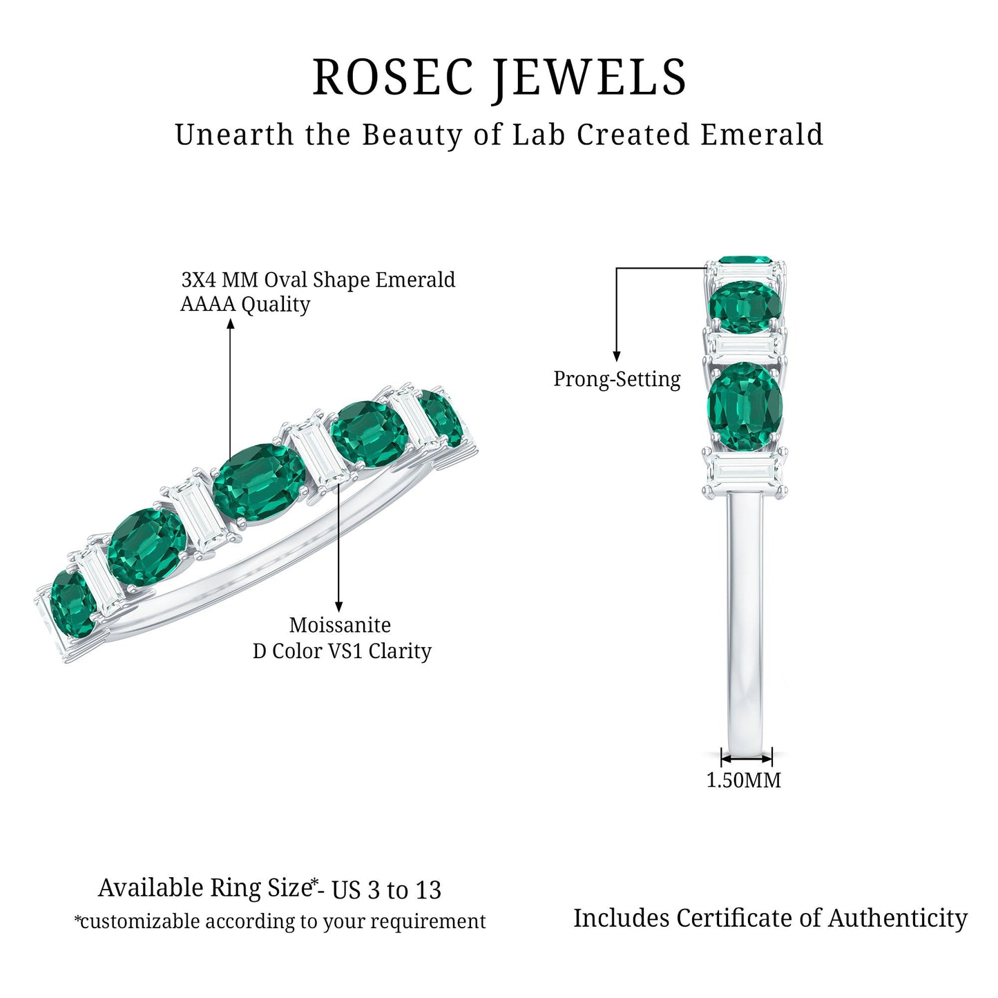 Certified Lab Grown Emerald Half Eternity Ring with Moissanite