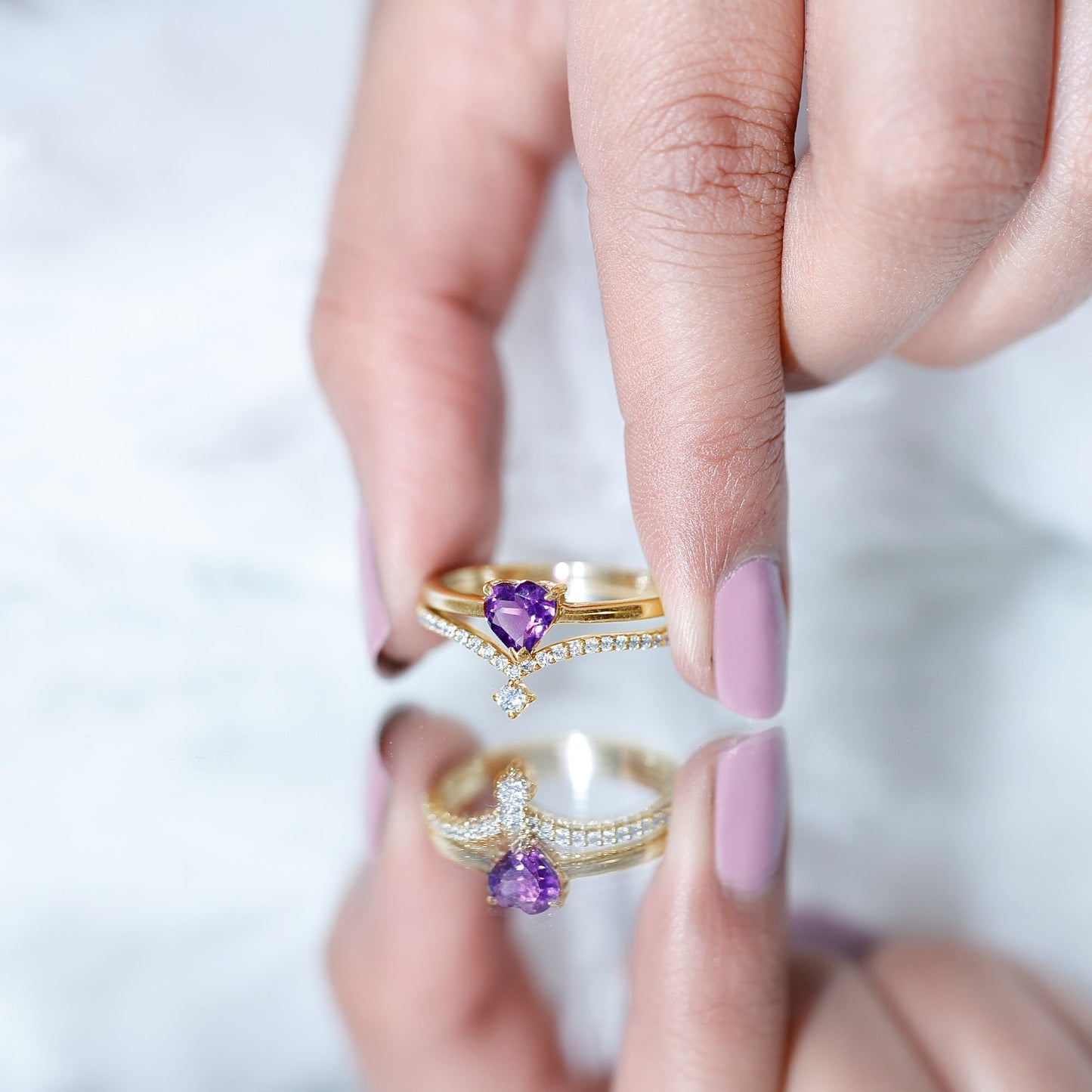 Certified Real Amethyst Heart Engagement Ring with Diamond Wedding Band