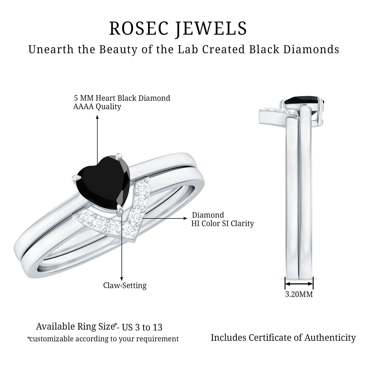 Heart Created Black Diamond Solitaire Ring Set with Diamond