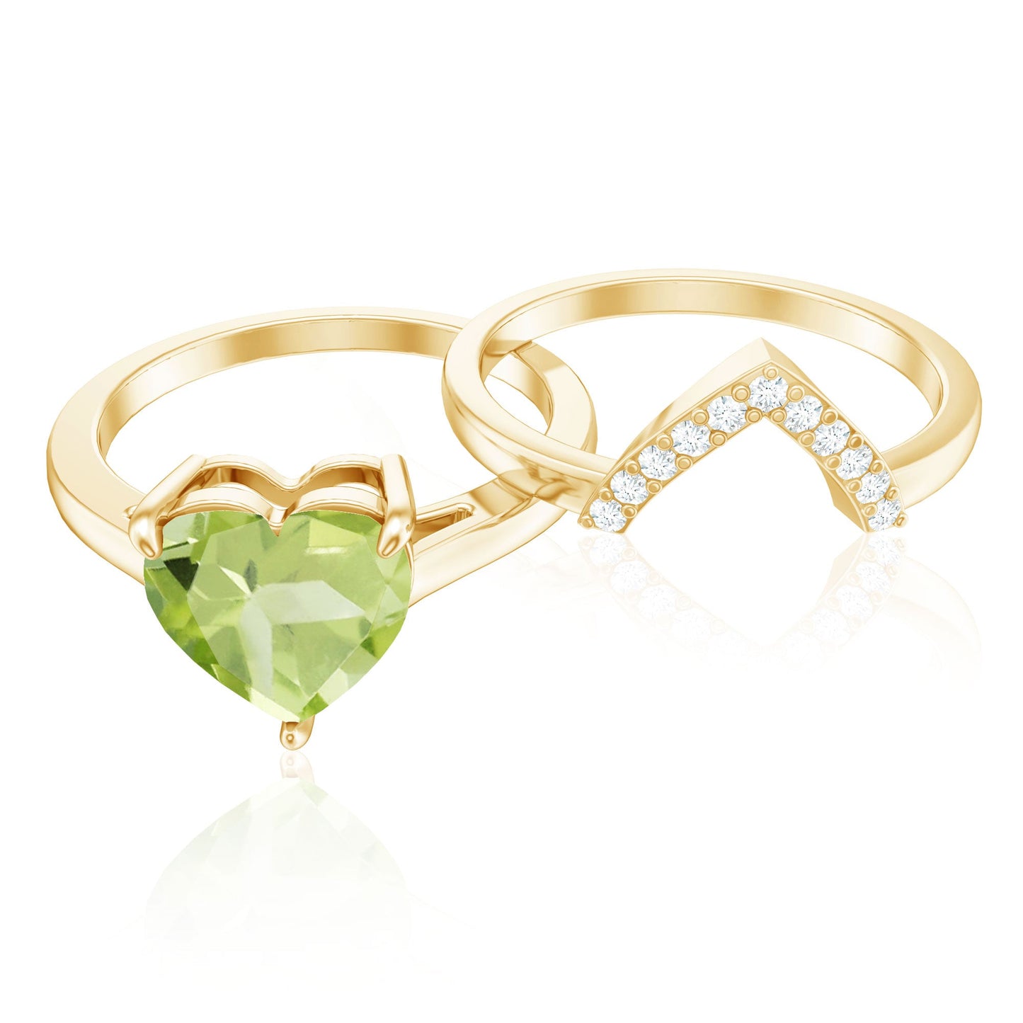 Natural 2 Carat Heart Shape Peridot Wedding Ring Set of 2 with Diamond