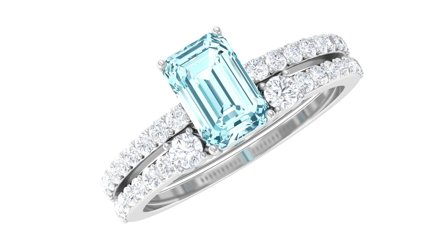 Natural 0.6 Carat Aquamarine and Diamond Emerald Cut Bridal Ring Set