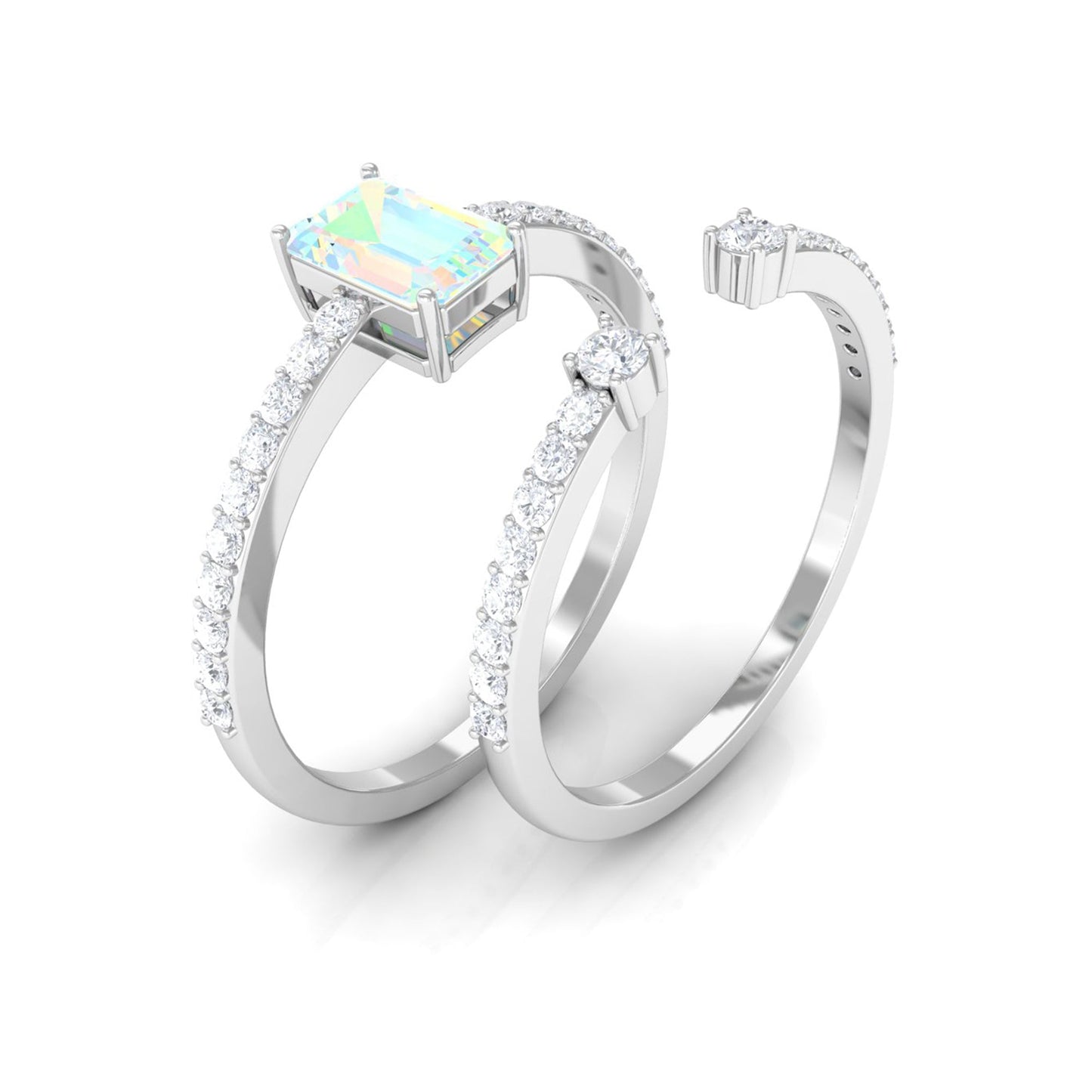 2 Carat Emerald Cut Ethiopian Opal Solitaire Engagement Ring Set with Diamond Band
