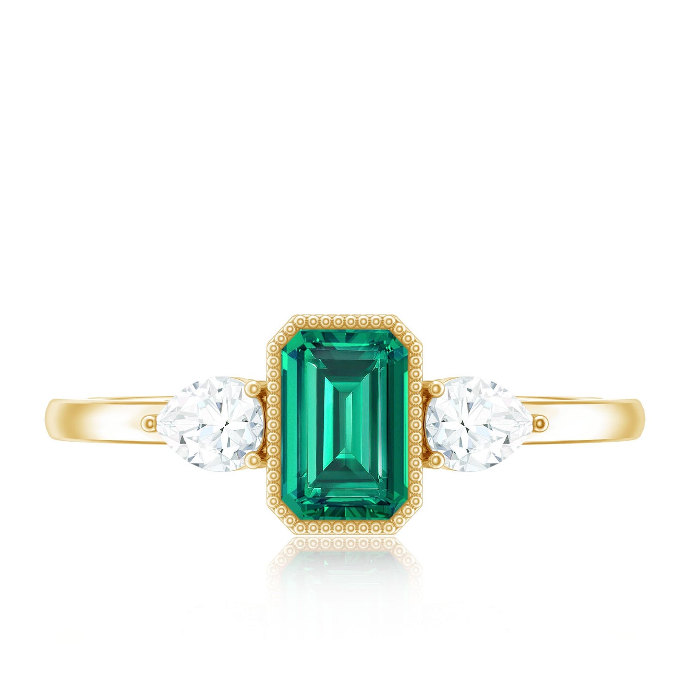 Emerald Cut Lab Grown Emerald Diamond Three Stone Ring with Beaded Details