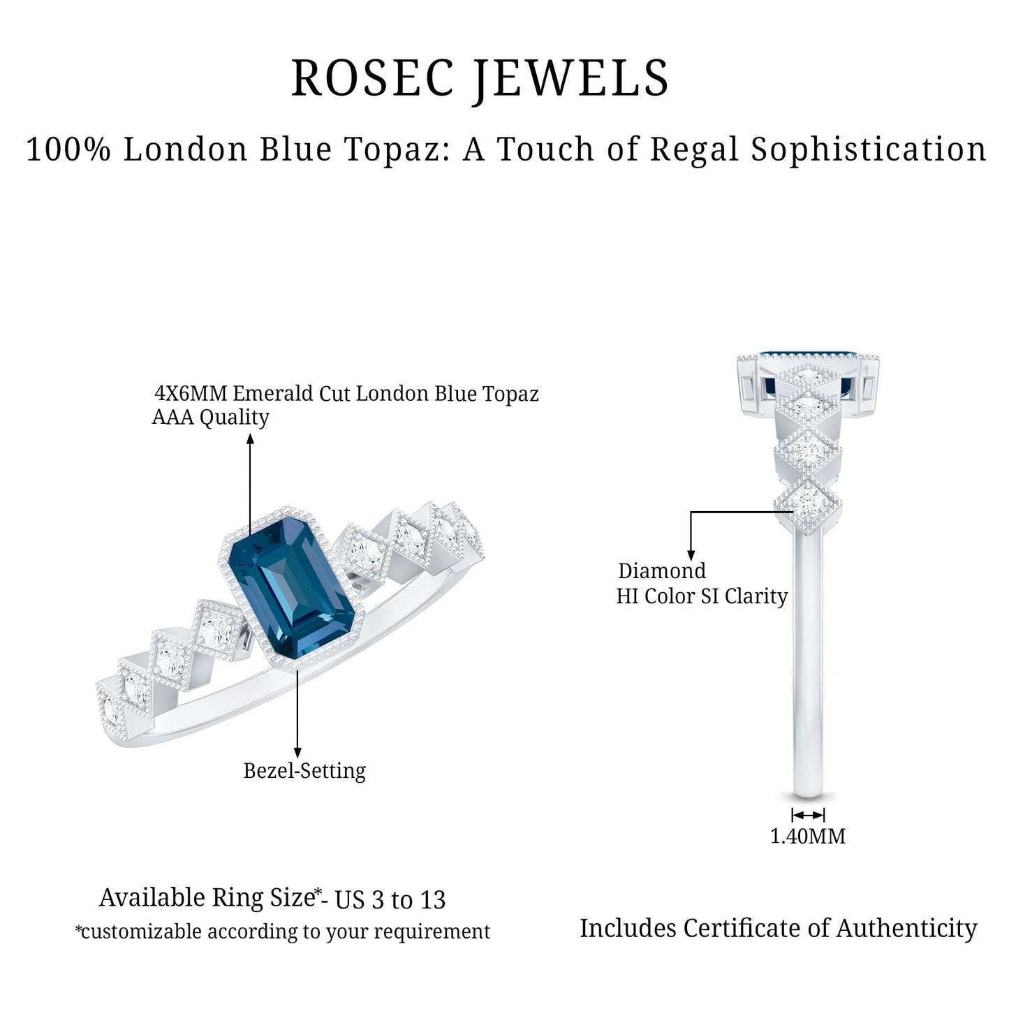 0.7 Carat Emerald Cut London Blue Topaz Engagement Ring with Beaded Details