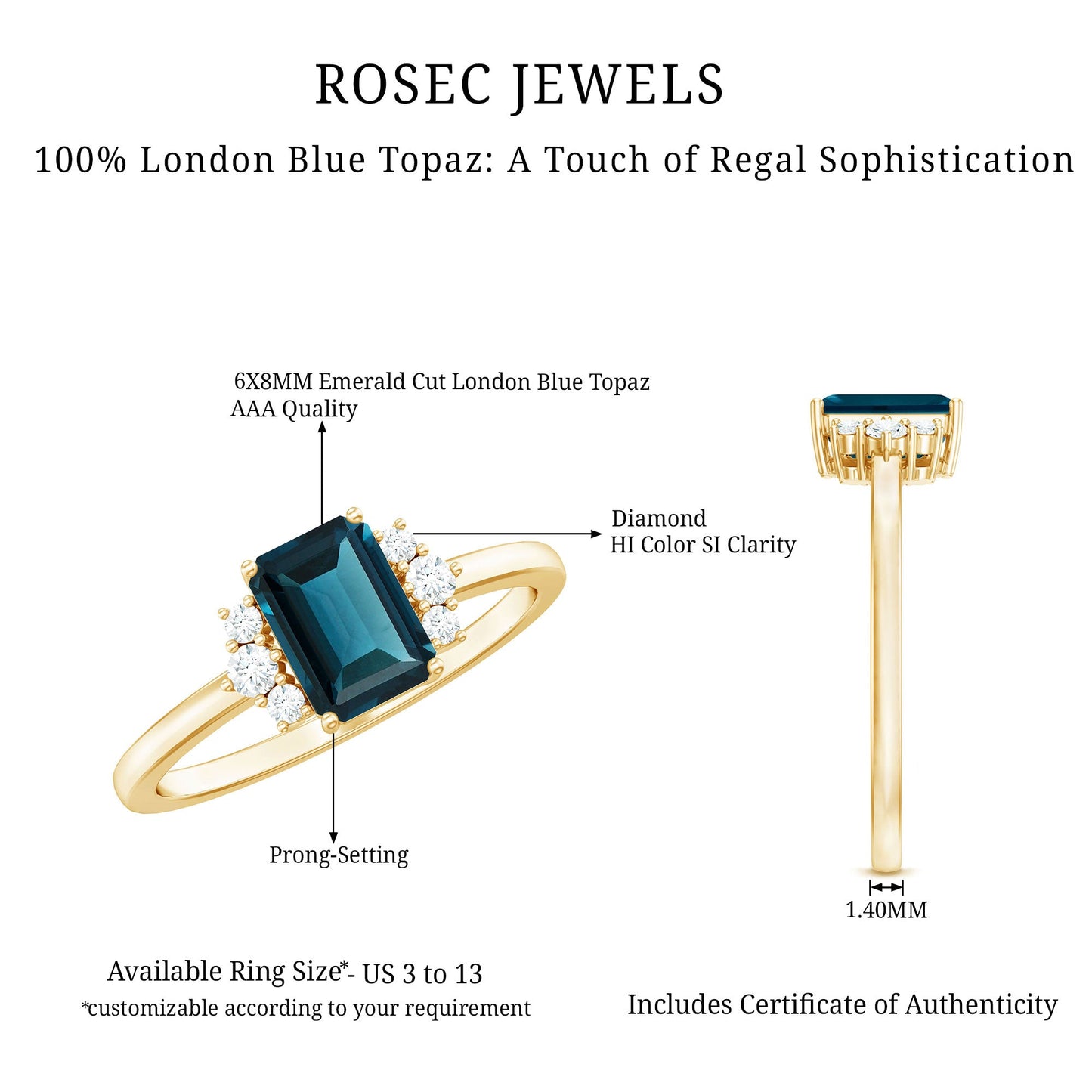 2.2 Carat Emerald Cut London Blue Topaz Diamond Engagement Ring with Certificate