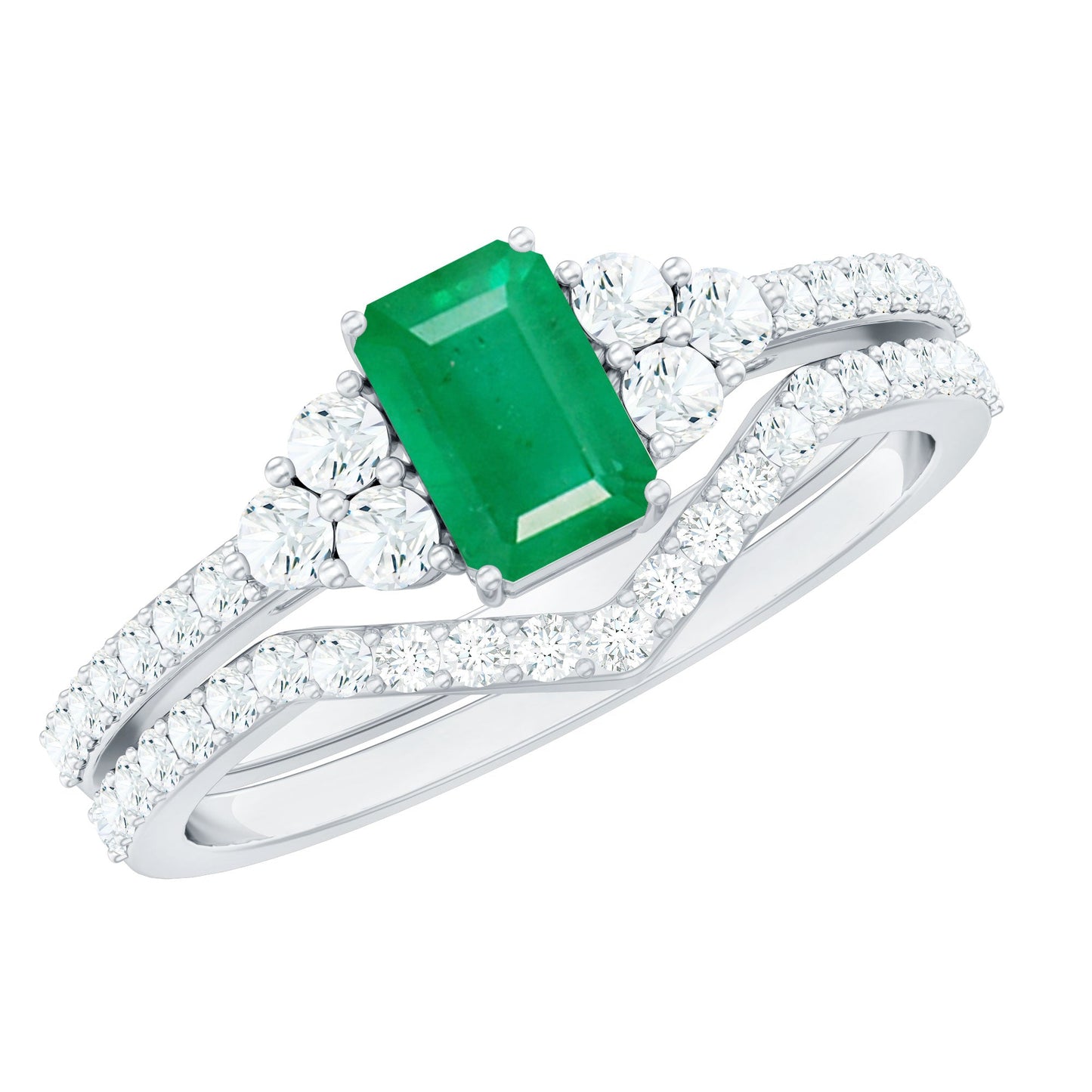 Genuine 0.6 Carat Emerald Cut Emerald Diamond Bridal Ring Set of 2