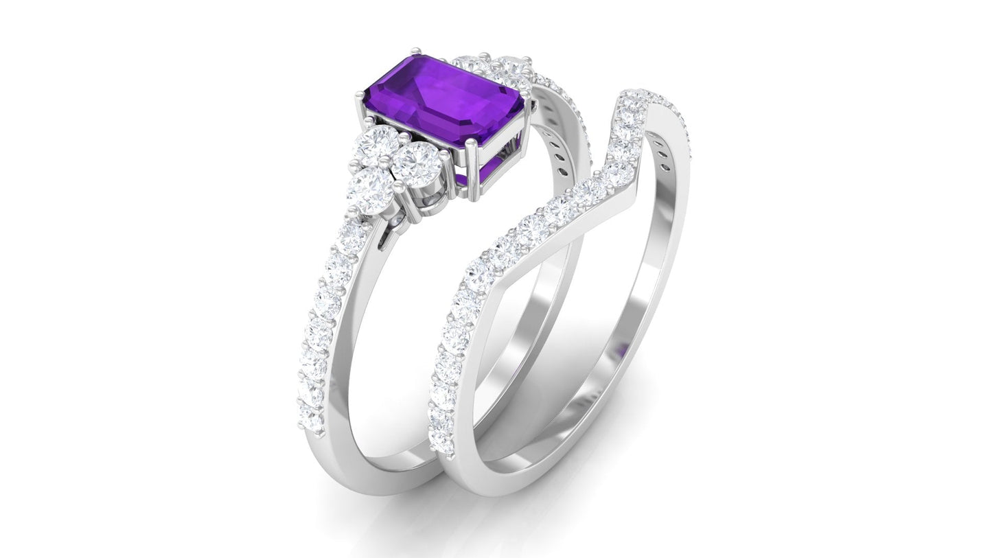 Genuine 1.4 Carat Emerald Cut Amethyst Wedding Ring Set with Diamond