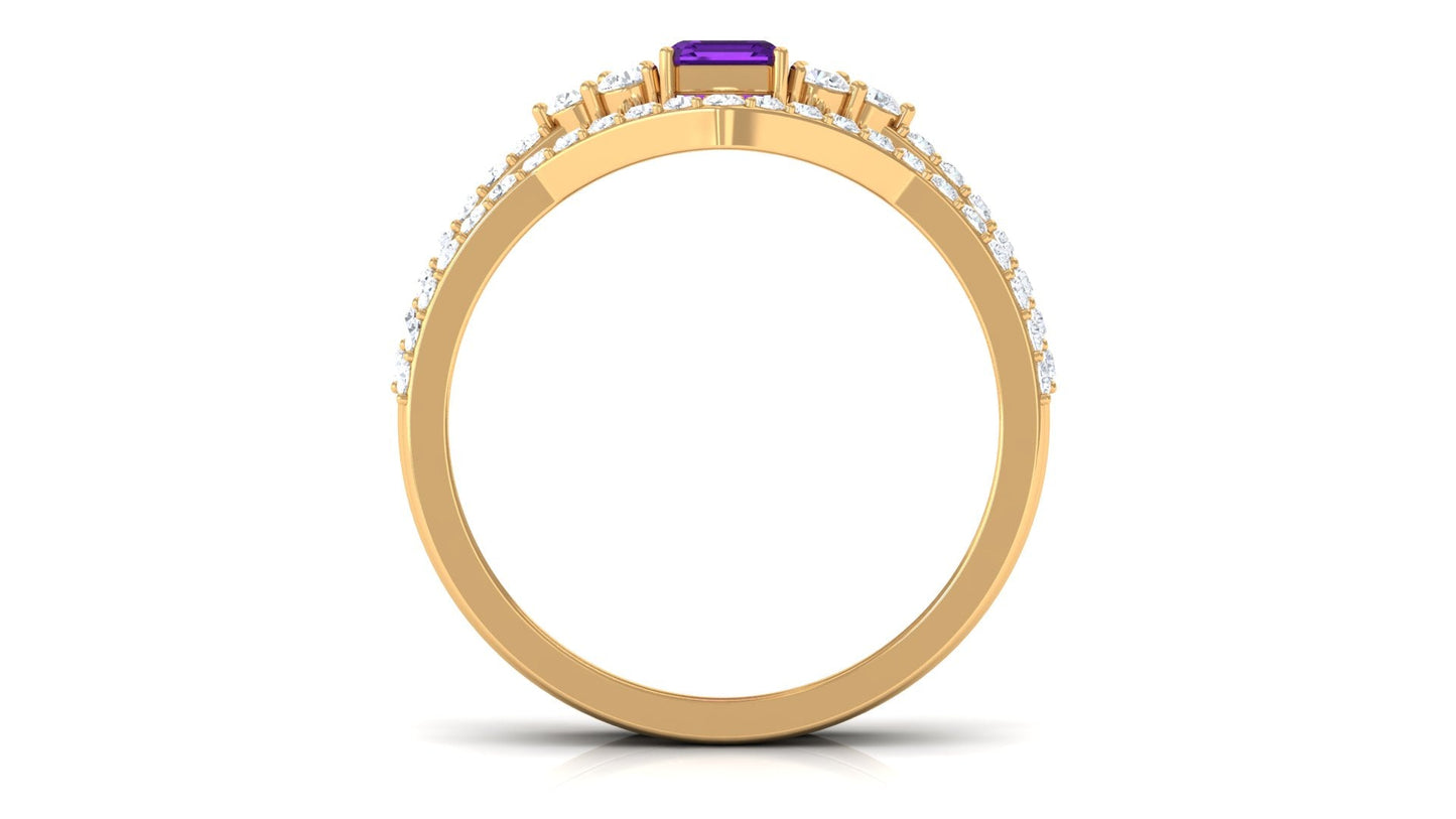 Genuine 1.4 Carat Emerald Cut Amethyst Wedding Ring Set with Diamond