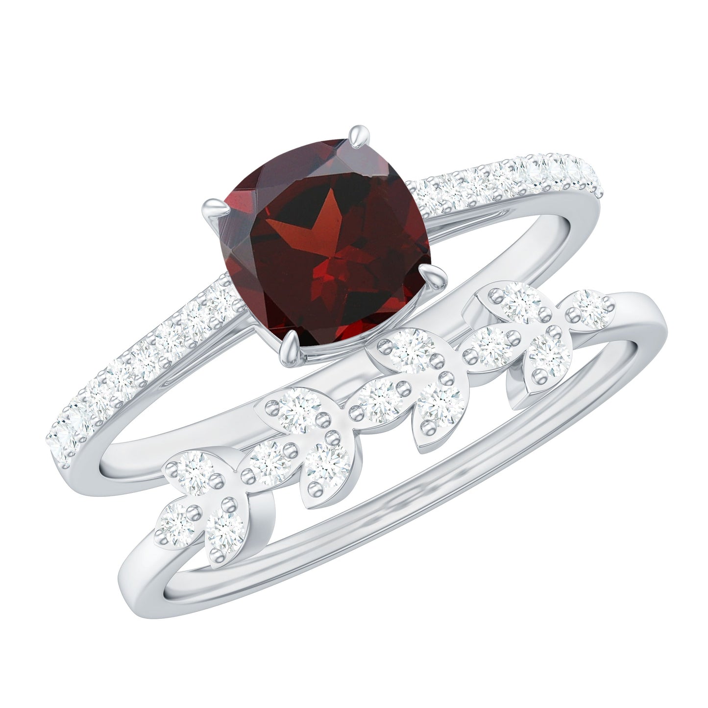 3.2 Carat Natural Cushion Cut Garnet Diamond Wedding Bridal Ring Set of 2