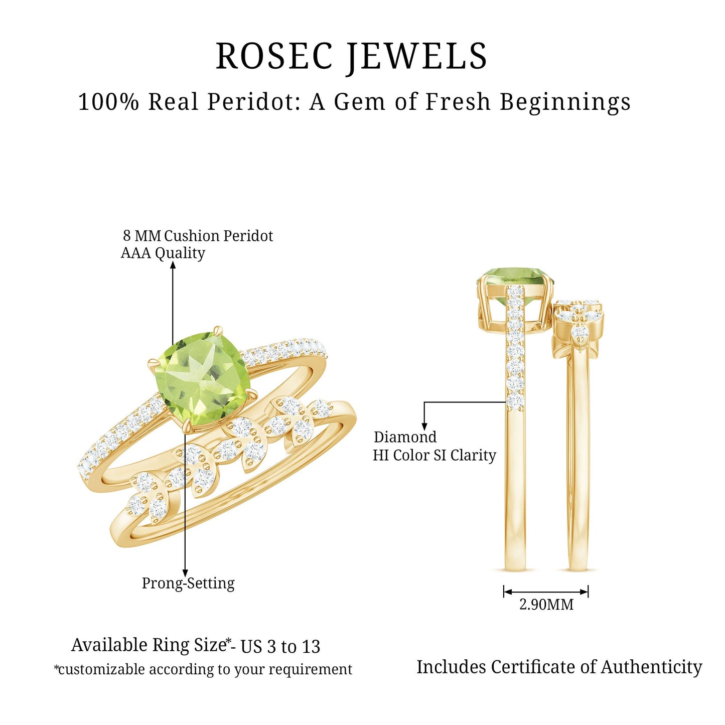 Certified Real 2 Carat Cushion Cut Peridot Engagement Ring with Diamond Enhancer