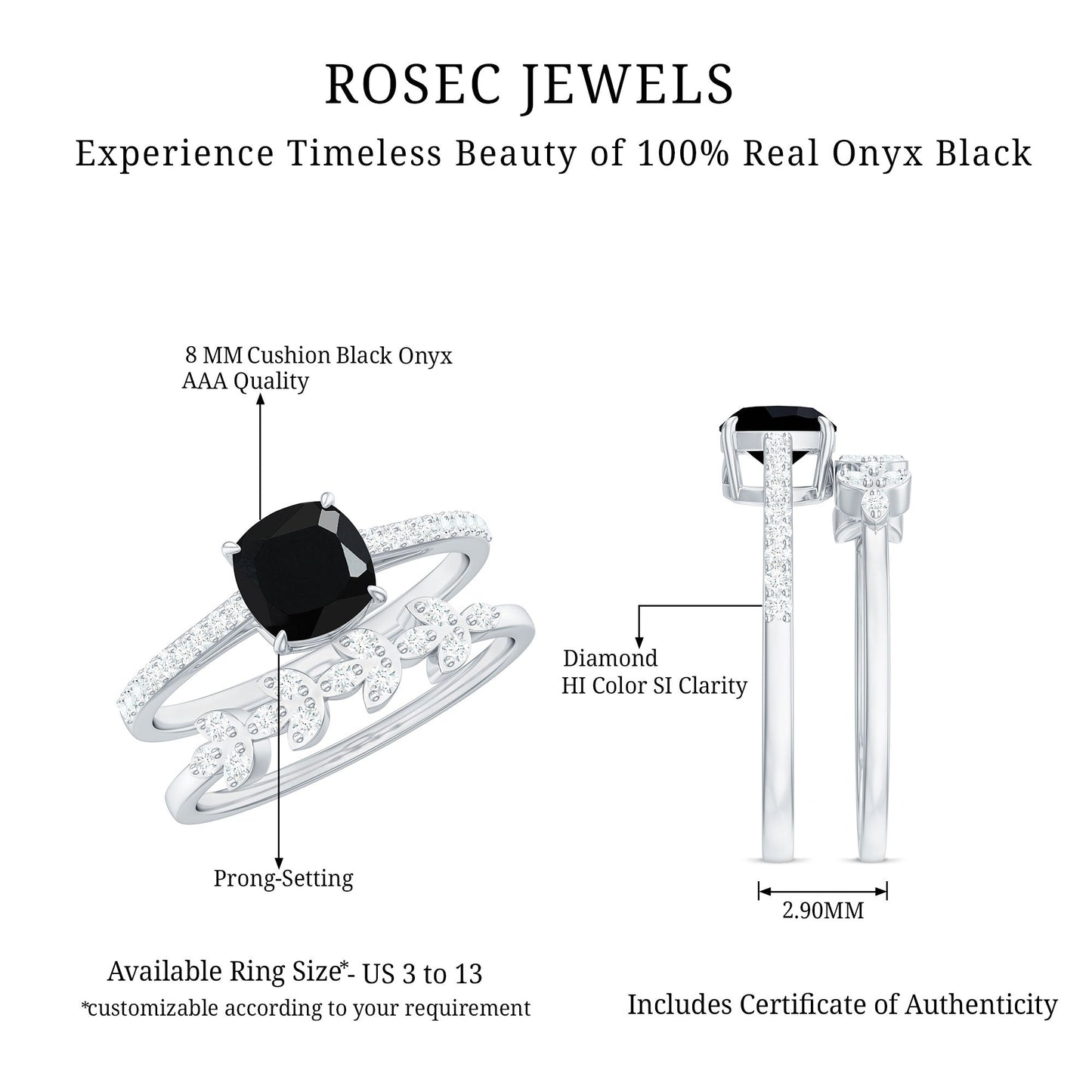 Cushion Cut Black Onyx and Diamond Engagement Ring with Leaf Wedding Band