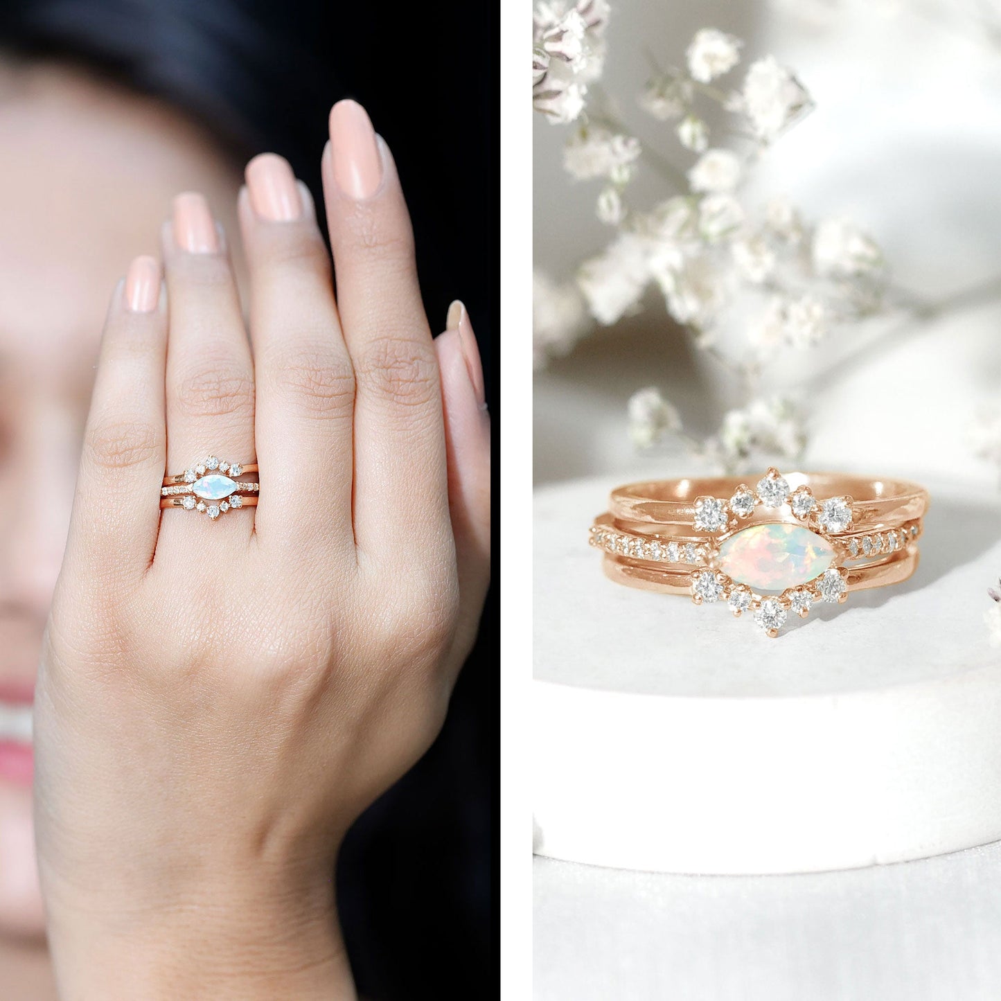 Certified Real Ethiopian Opal Diamond Wedding Bridal Ring Set of 3