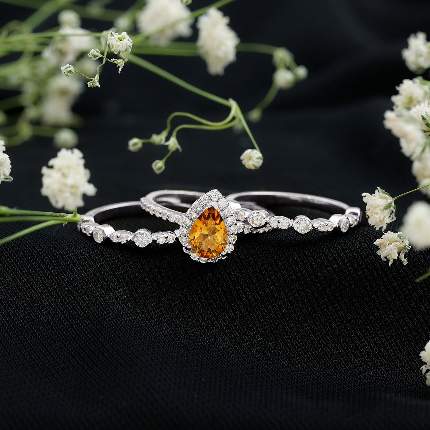 Pear Cut Citrine Bridal Trio Ring Set with Moissanite Band