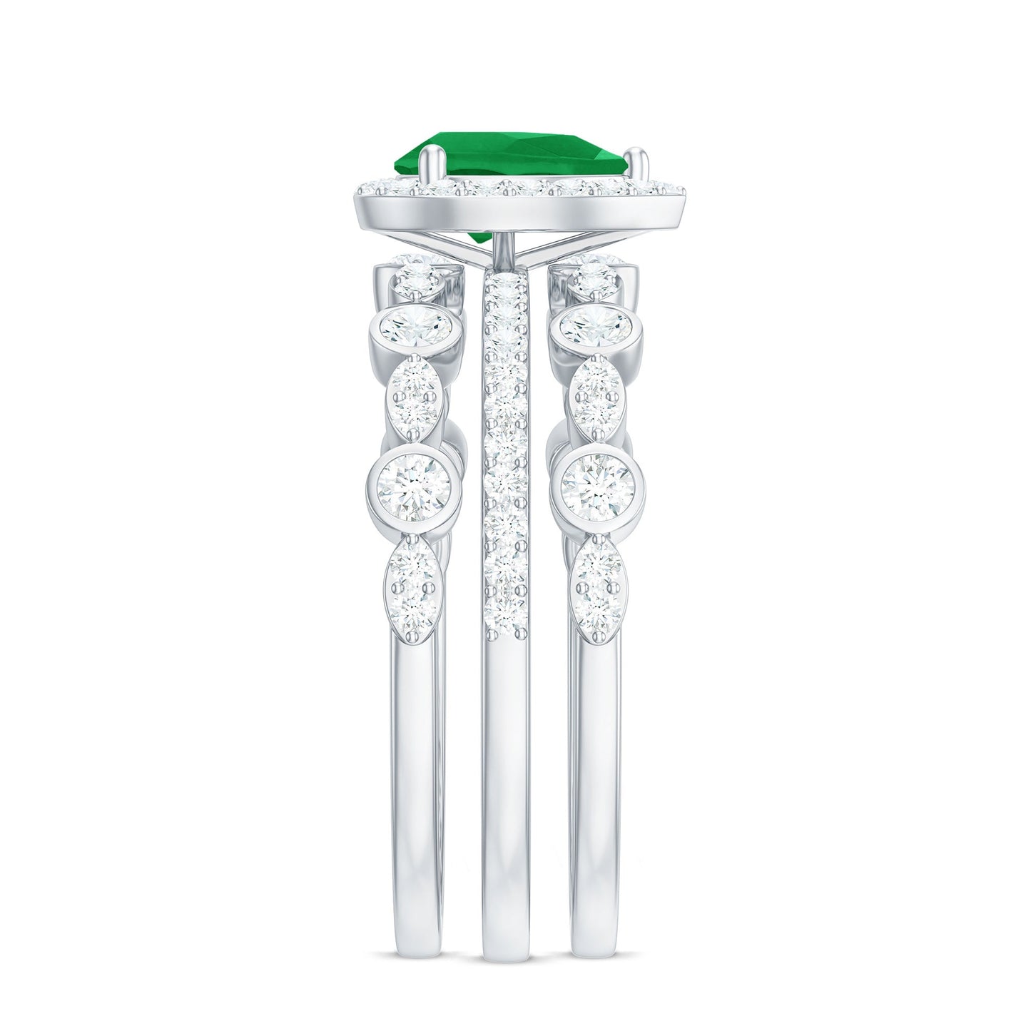 Natural 0.6 Carat Emerald Teardrop Engagement Ring and Wedding Band Set of 3