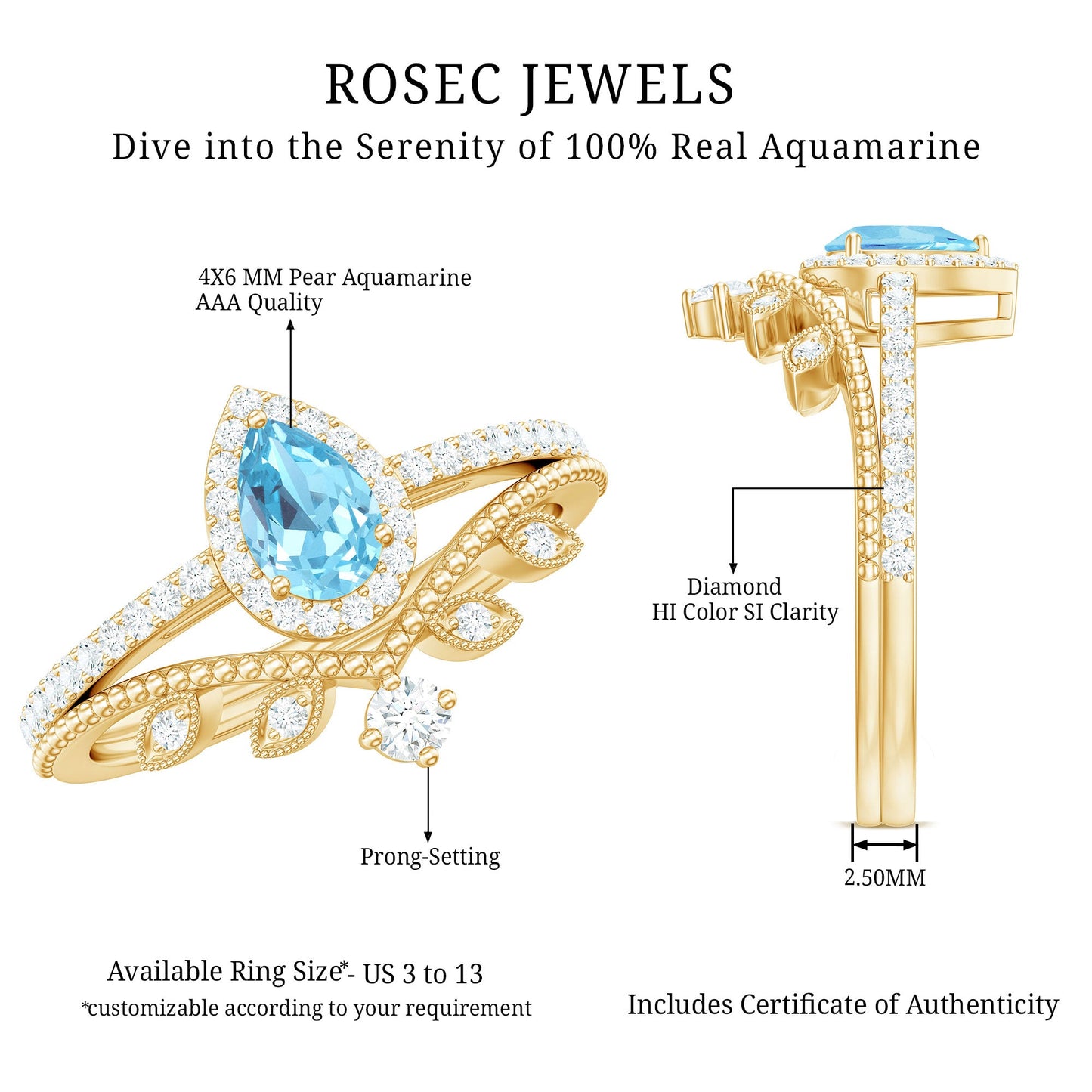 Vintage Looking Aquamarine and Diamond Teardrop Wedding Ring Set for Women