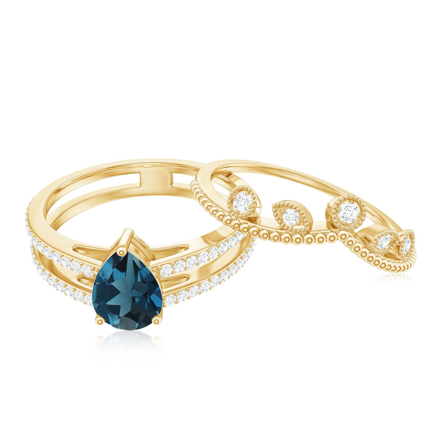 Pear London Blue Topaz Double Band Engagement Ring with Diamond Enhancer