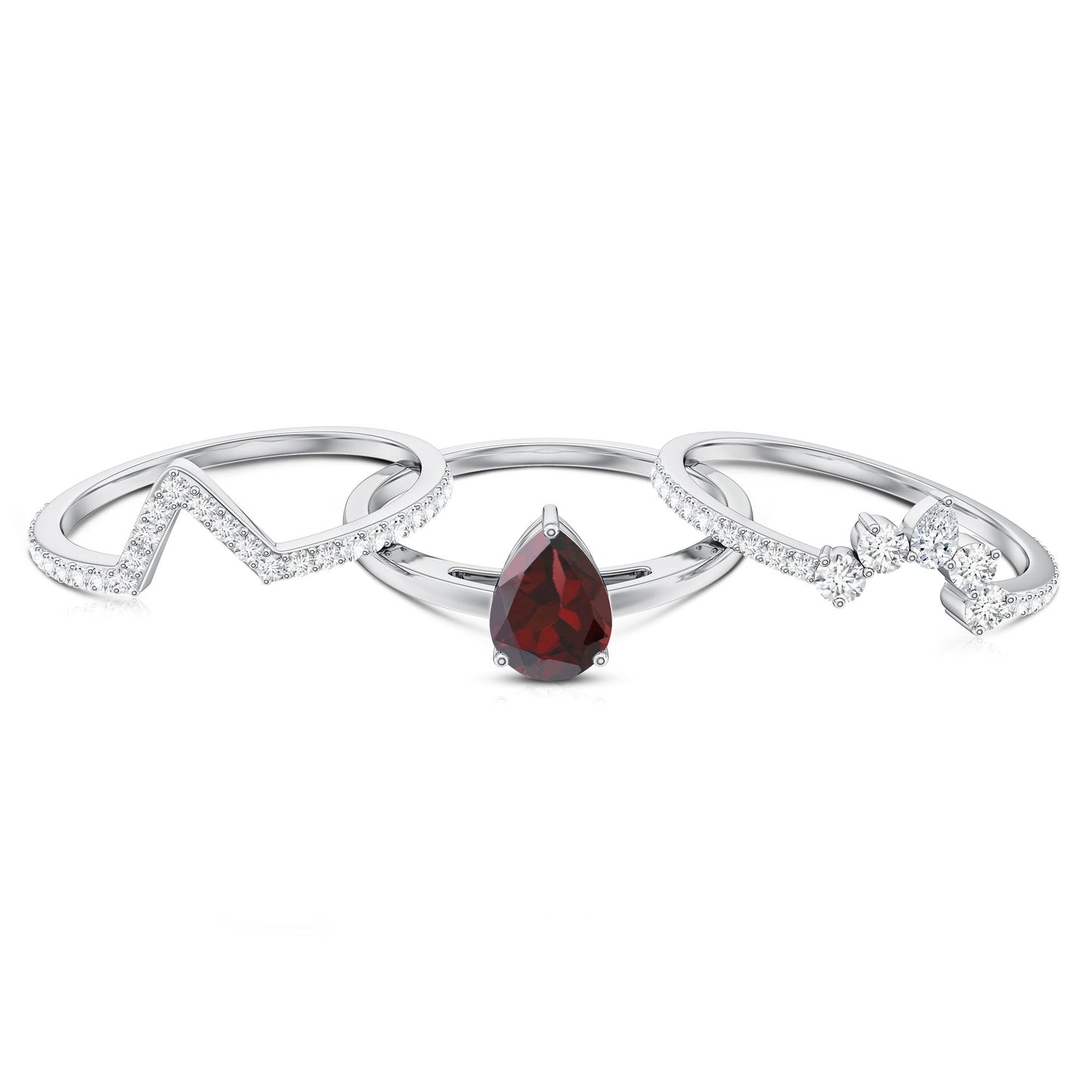 Natural 0.8 Carat Pear Shaped Garnet Diamond 3 Piece Bridal Ring Set