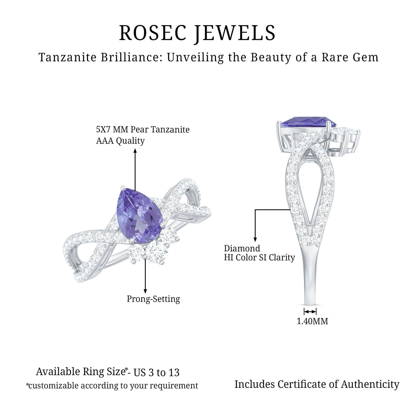 Certified Real Tanzanite Engagement Ring with Diamond Crossover Shank