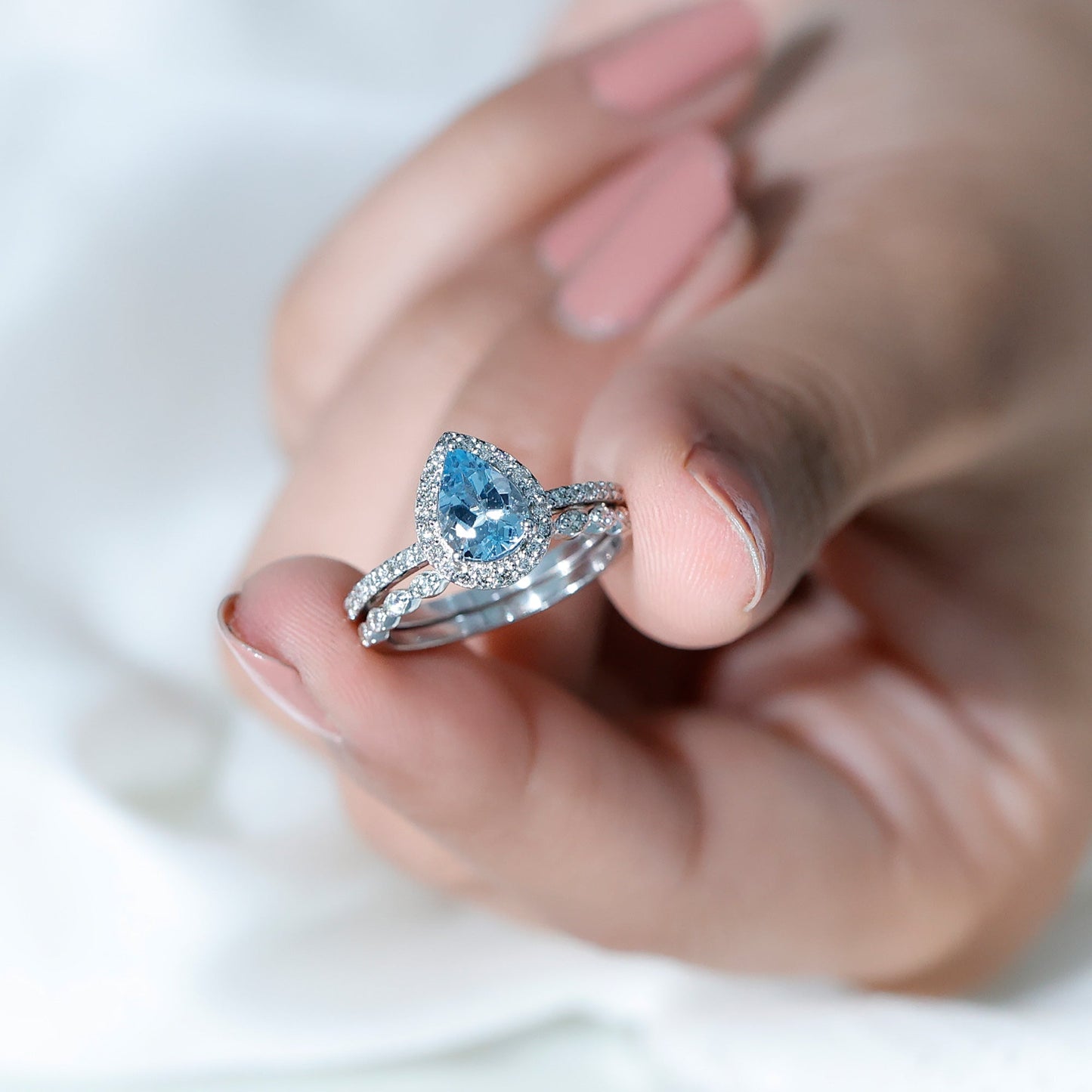 Genuine 1 Carat Aquamarine Bridal Ring Set with Diamond
