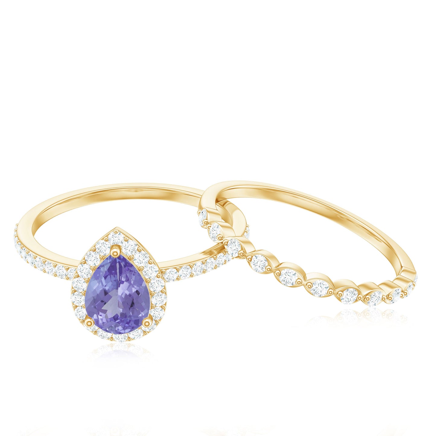 Natural 0.8 Carat Pear Shape Tanzanite Diamond Wedding Engagement Ring Set of 2