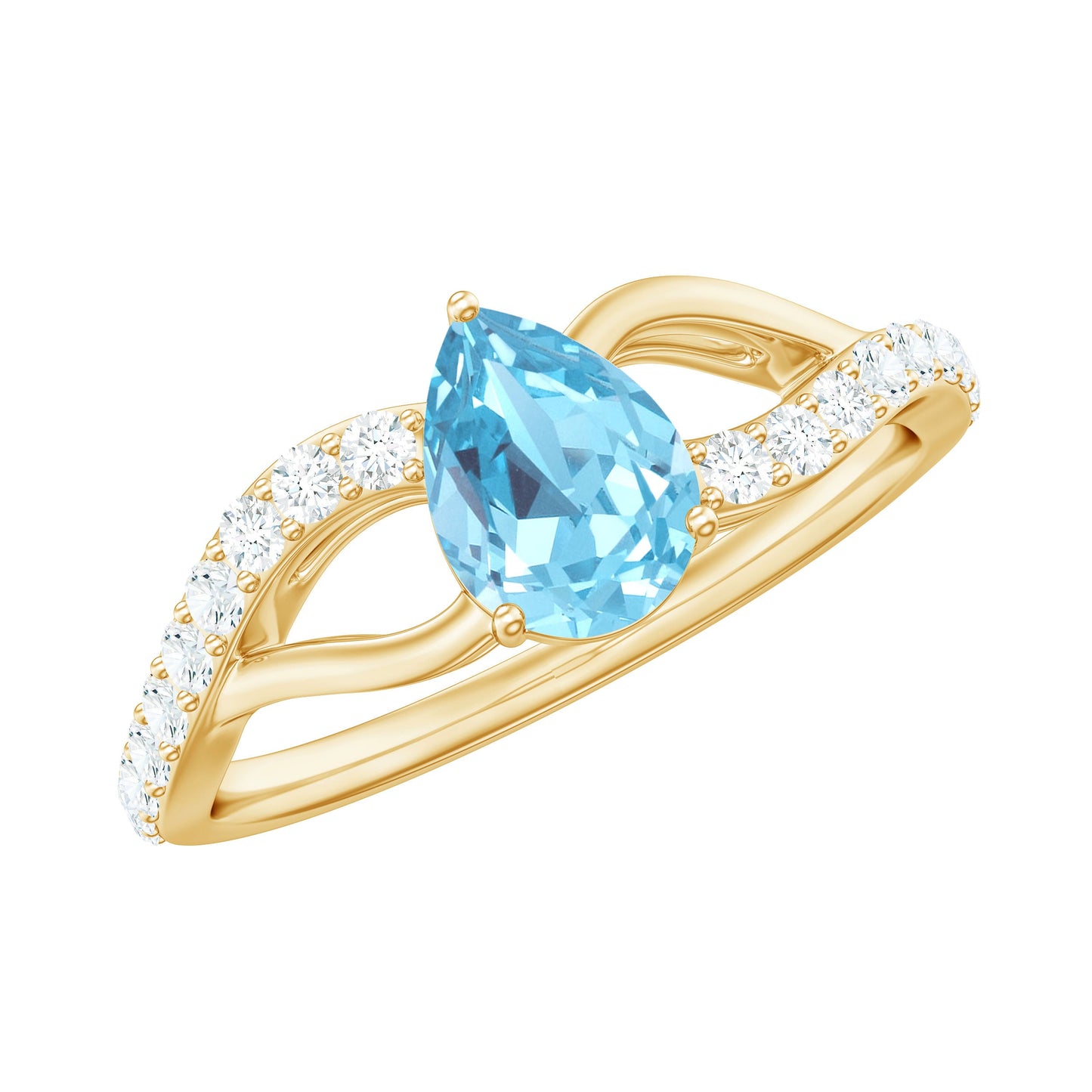 Split Shank Pear Cut Aquamarine Solitaire Ring with Diamond