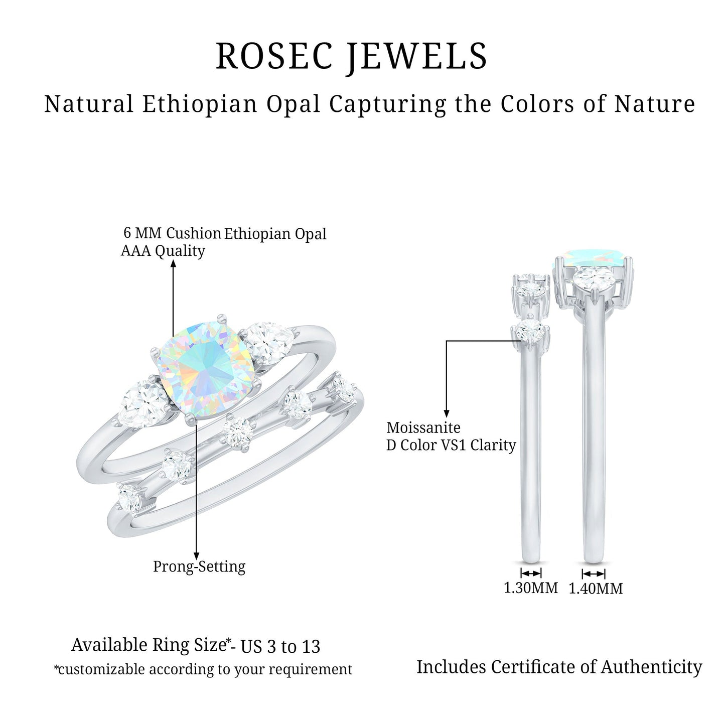 Cushion Cut Real Ethiopian Opal Wedding Ring Set with Diamond
