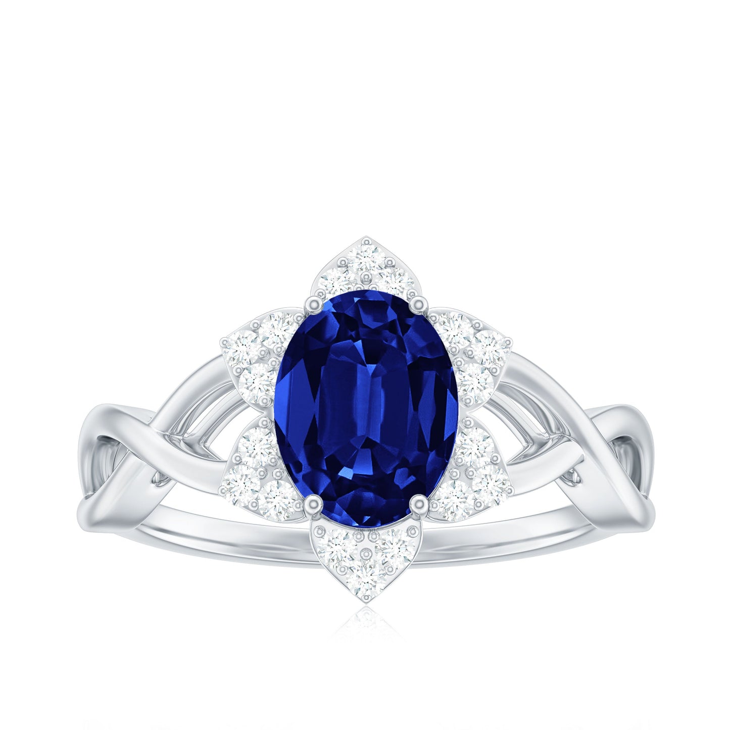 Certified 1.5 Carat Lab Grown Blue Sapphire Engagement Ring with Flower Diamond Halo
