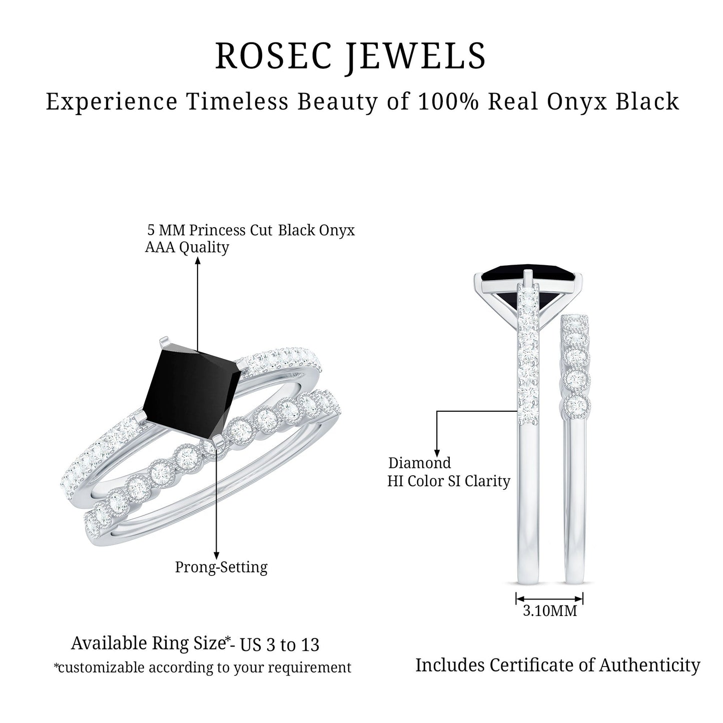 0.5 Carat Princess Cut Black Onyx Wedding Ring Set with Diamond Band