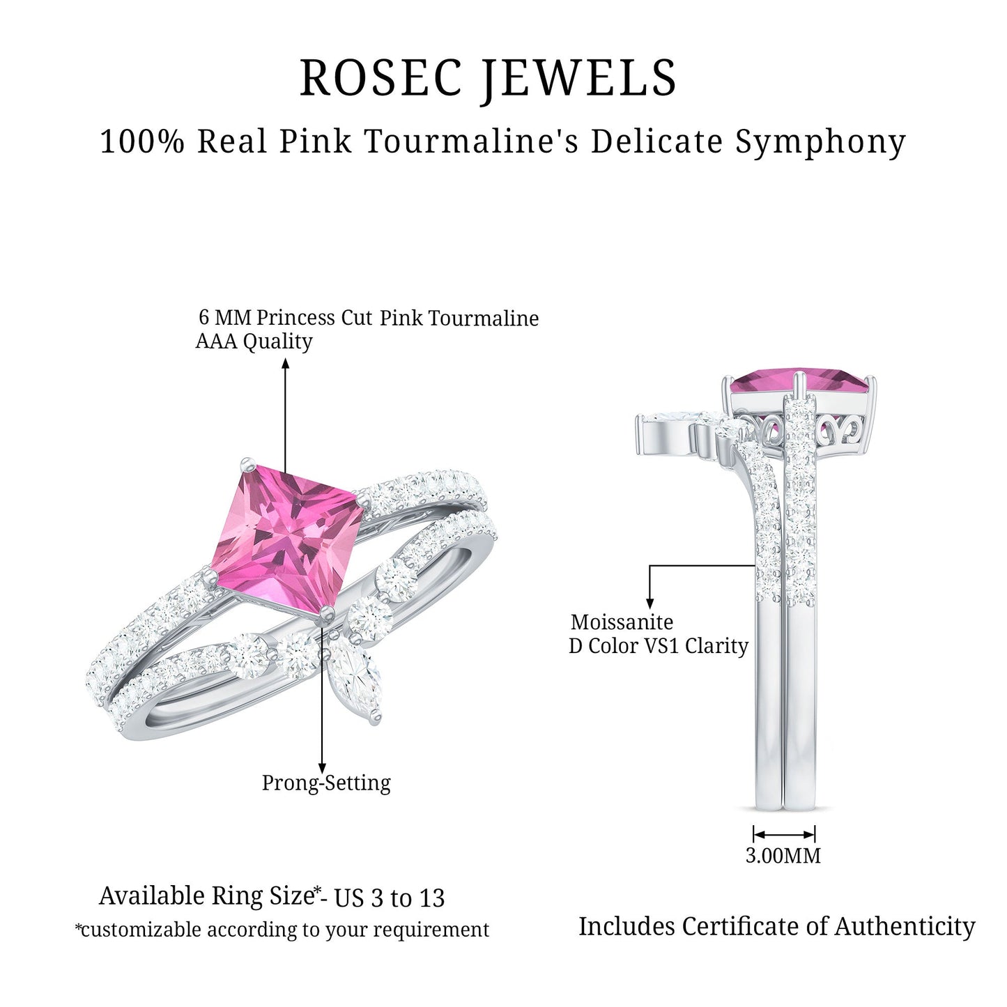 1 Carat Princess Cut Pink tourmaline and Diamond Wedding Ring Set for Women