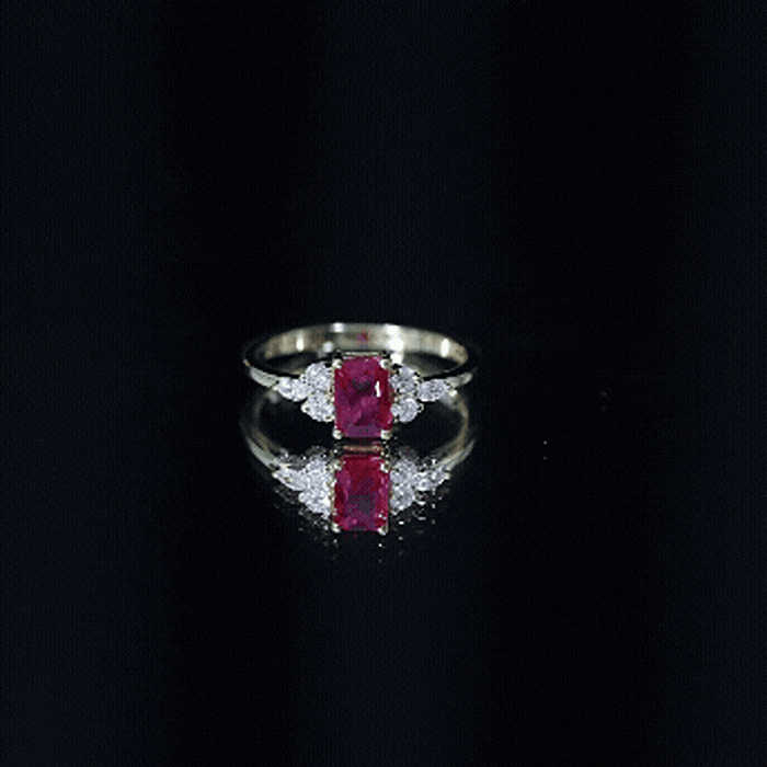 0.75 Carat Emerald Cut Lab Created Ruby and Diamond Promise Ring in Silver