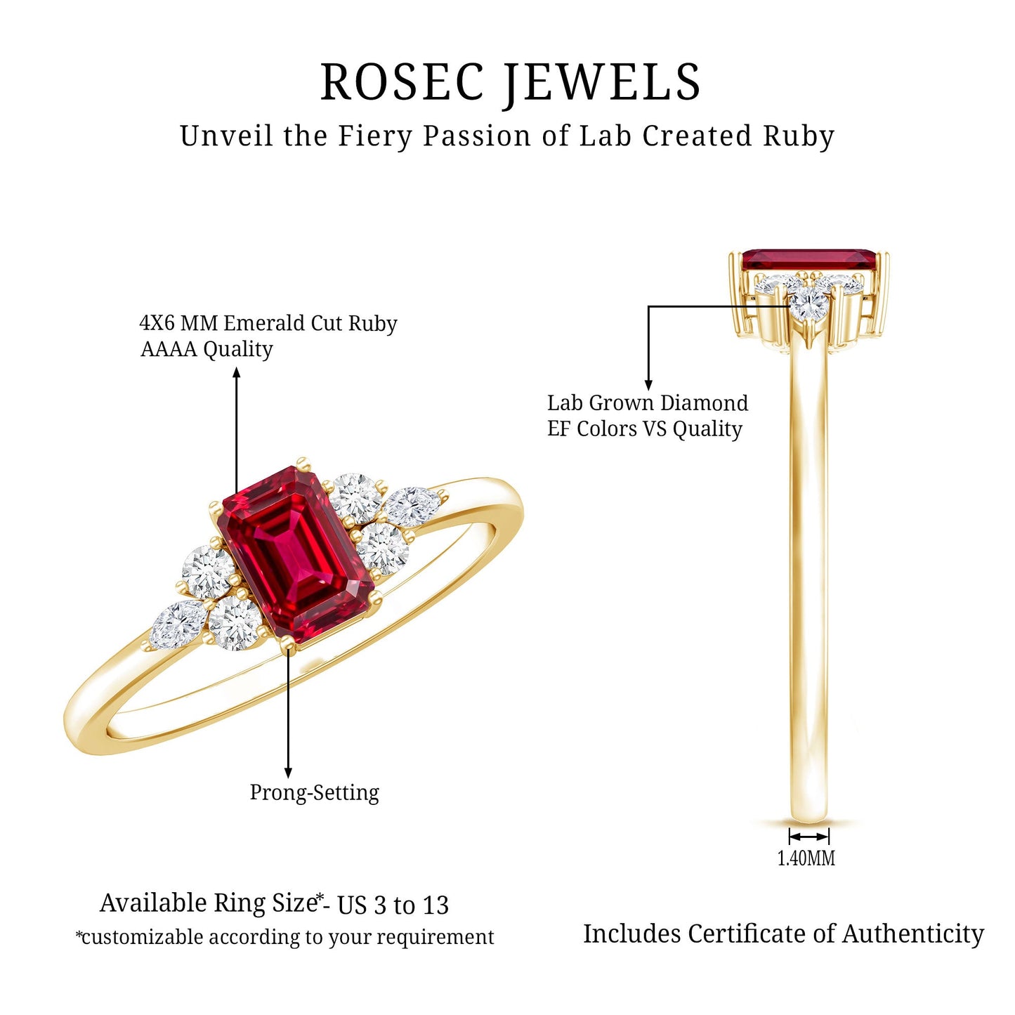 0.75 Carat Emerald Cut Lab Created Ruby and Diamond Promise Ring in Silver