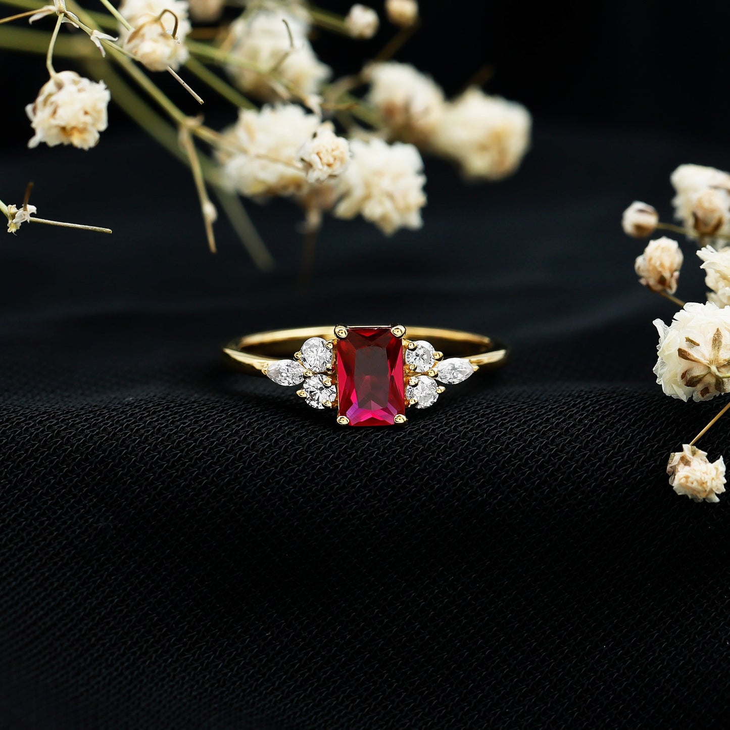0.75 Carat Emerald Cut Lab Created Ruby and Diamond Promise Ring in Silver