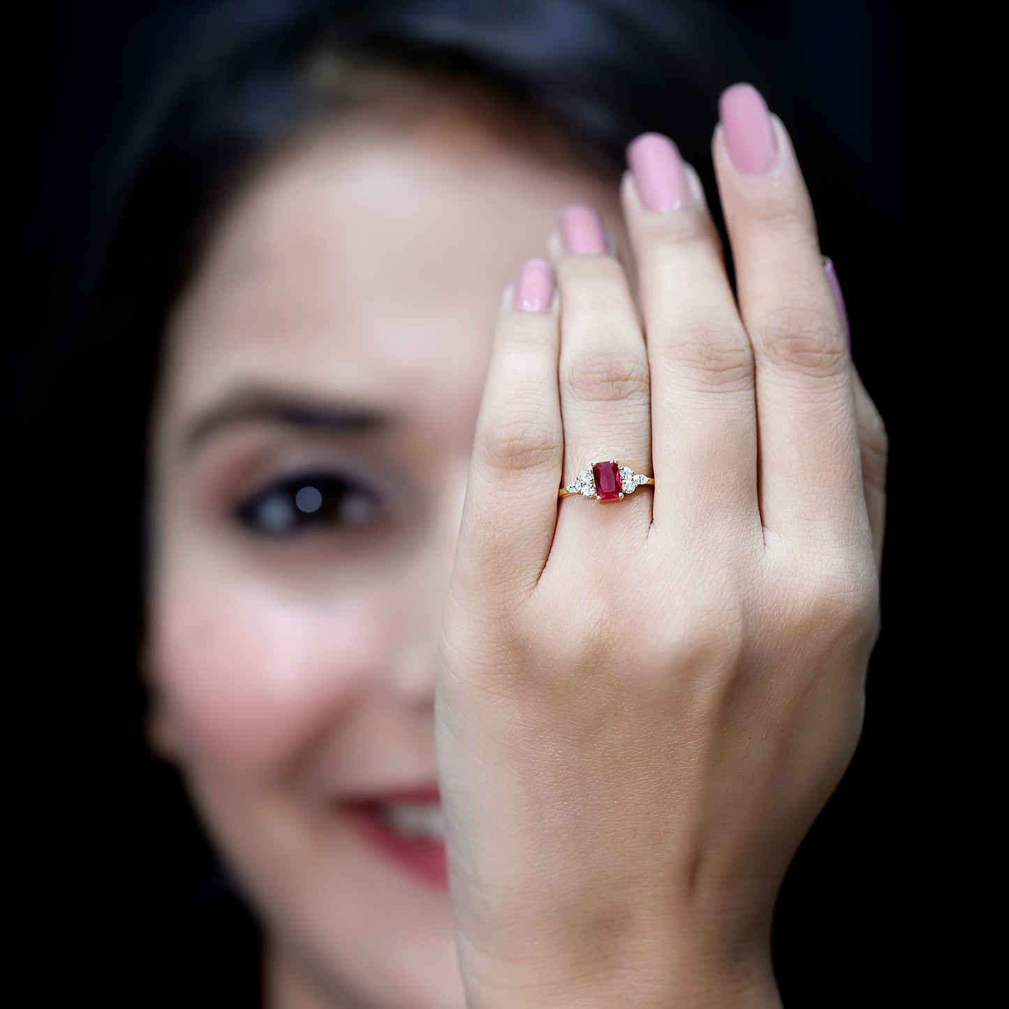 0.75 Carat Emerald Cut Lab Created Ruby and Diamond Promise Ring in Silver