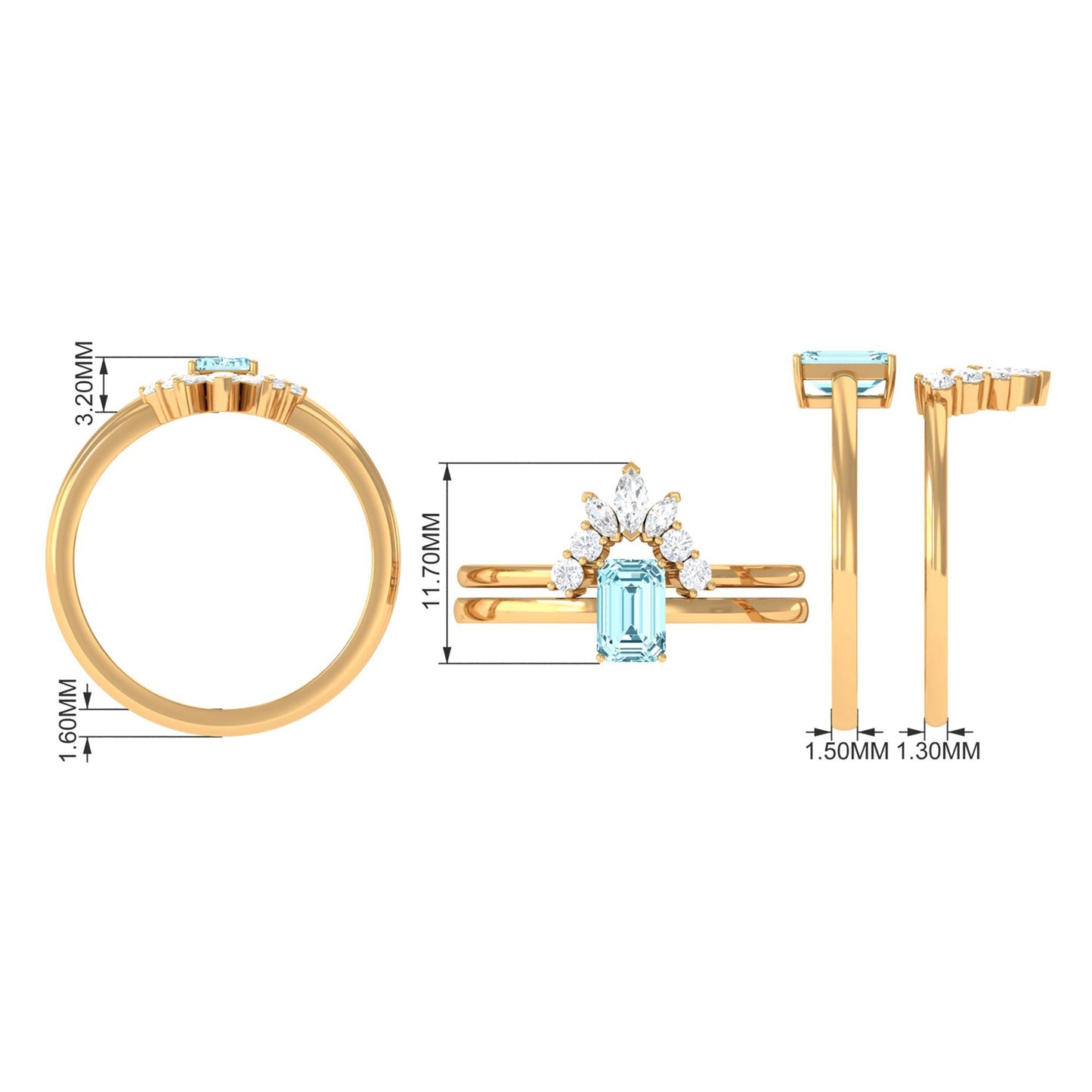 Natural Emerald Cut Aquamarine Engagement Ring with Diamond Wedding Band
