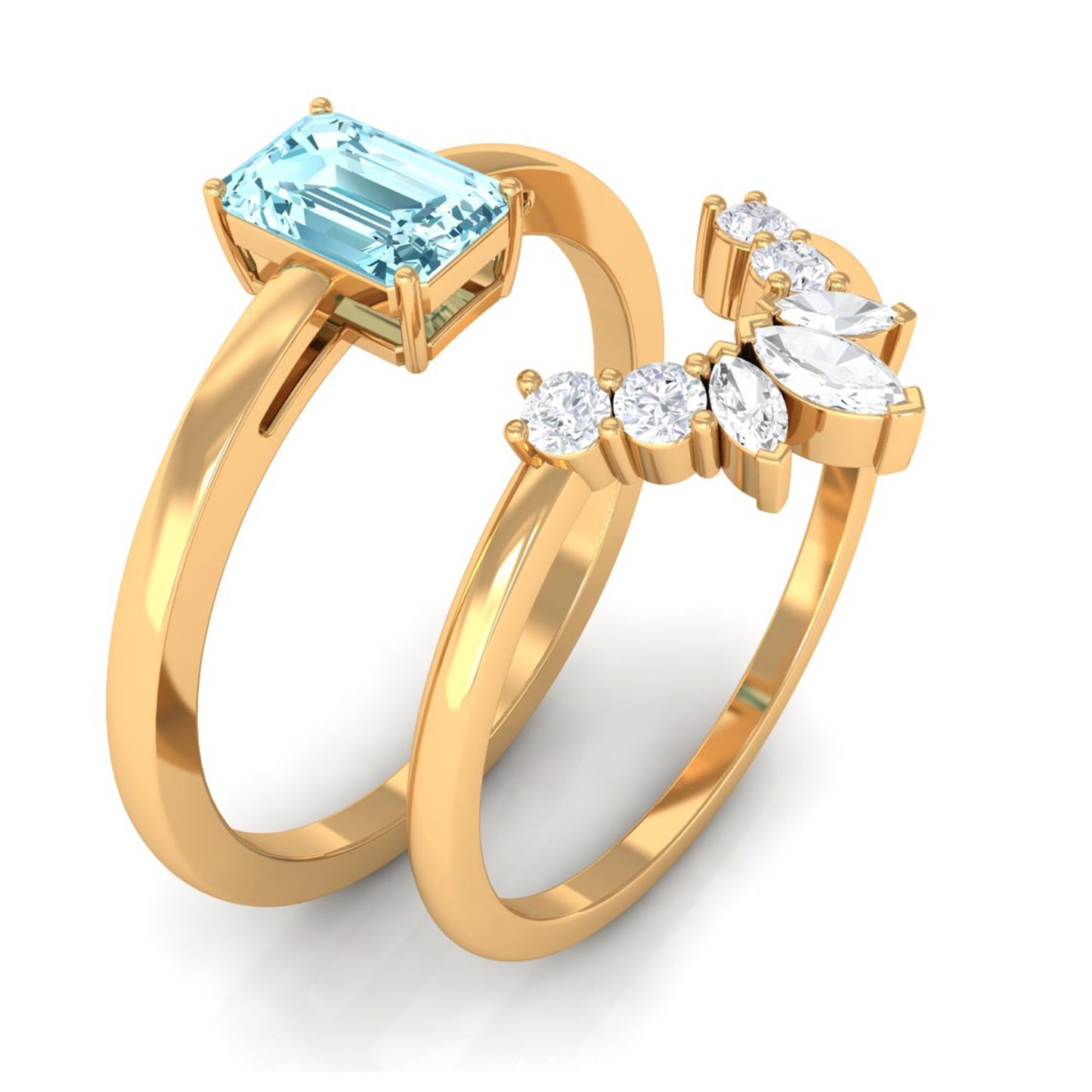 Natural Emerald Cut Aquamarine Engagement Ring with Diamond Wedding Band