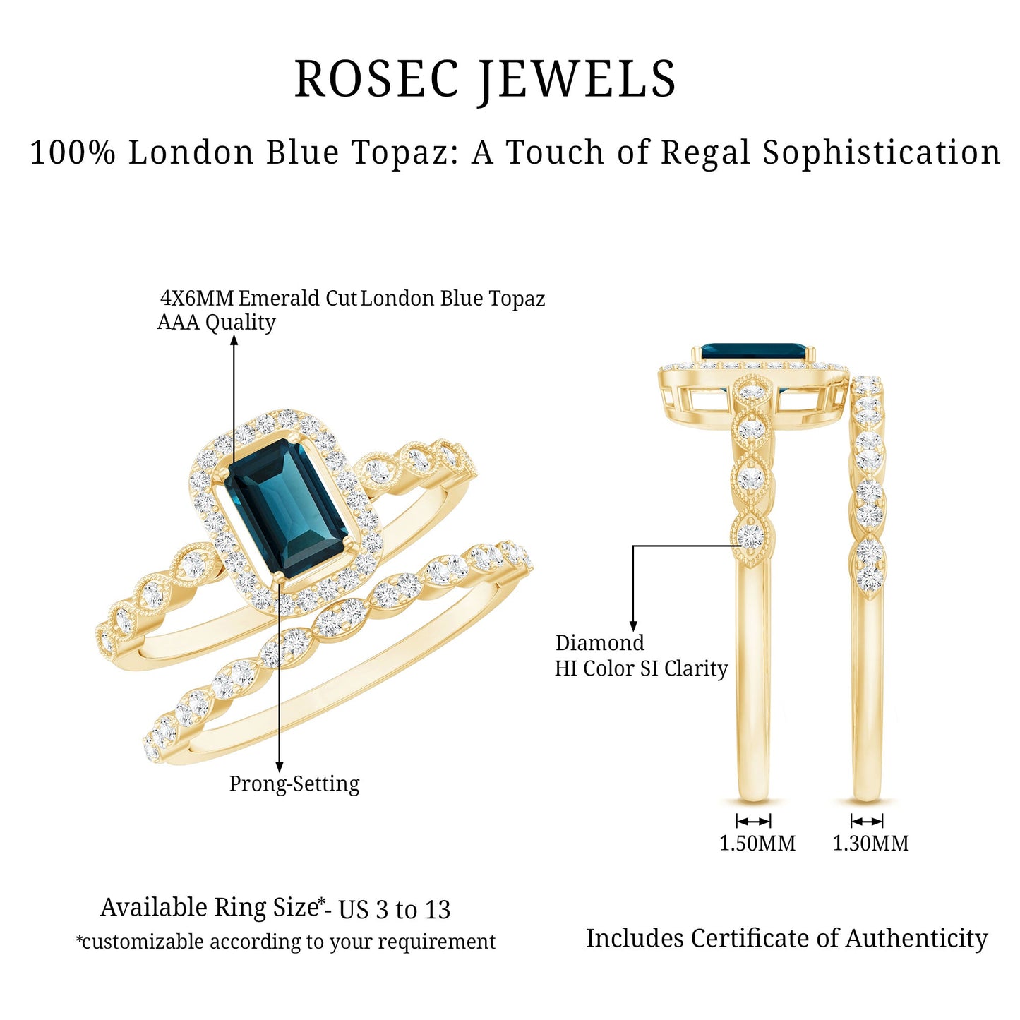 London Blue Topaz and Diamond Vintage Inspired Wedding Ring Set
