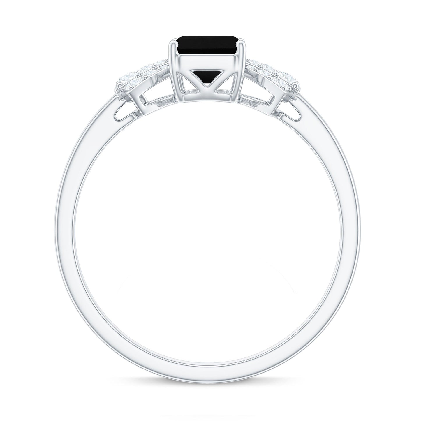 1.6 Carat Lab Grown Black Diamond Emerald Cut Engagement Ring with White Diamond Bow