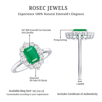 Certified Real Emerald Cut Emerald Engagement Ring with Diamond Halo