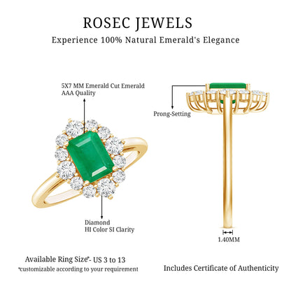 Certified Real Emerald Cut Emerald Engagement Ring with Diamond Halo