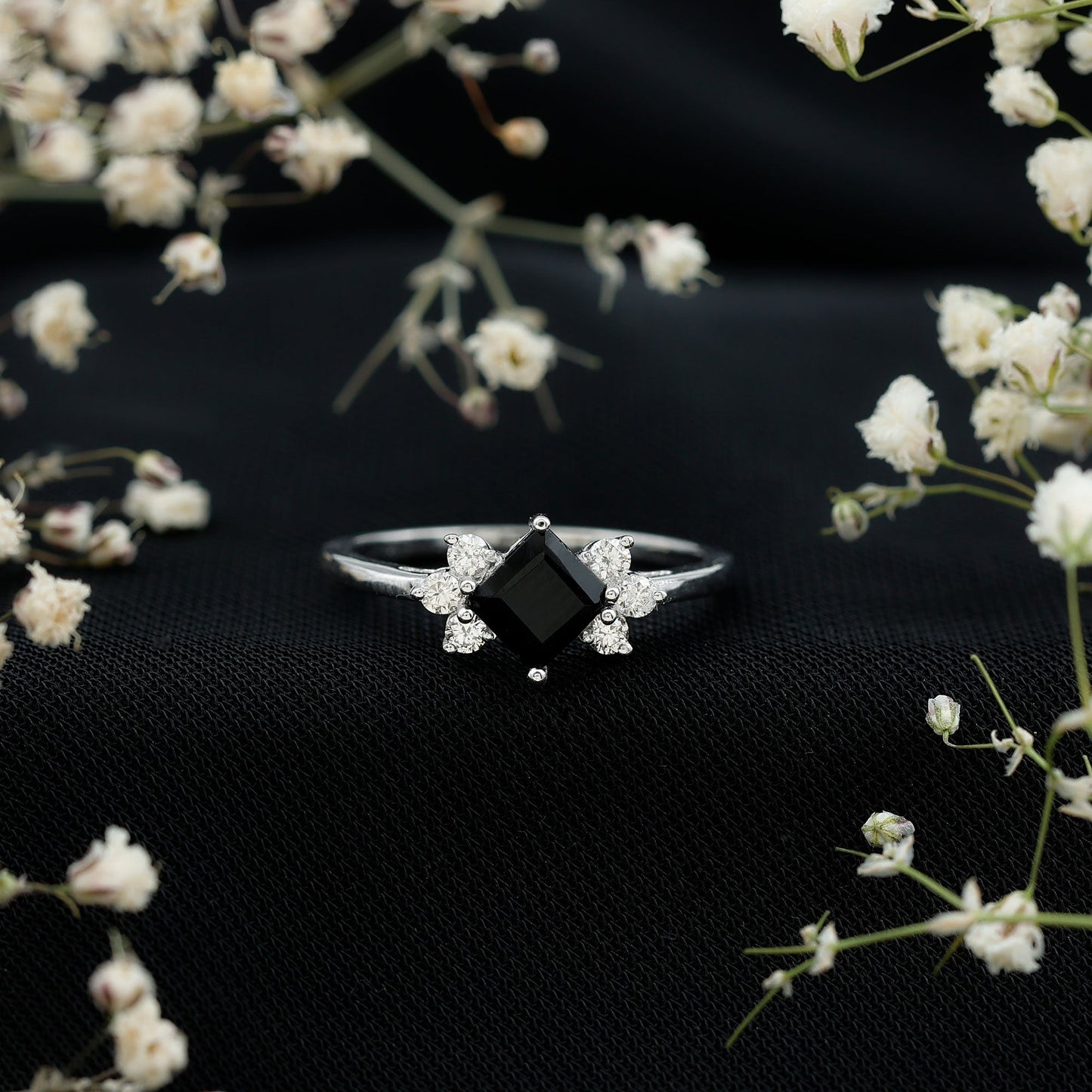 Princess Cut Black Onyx Promise Ring with Diamond Trio