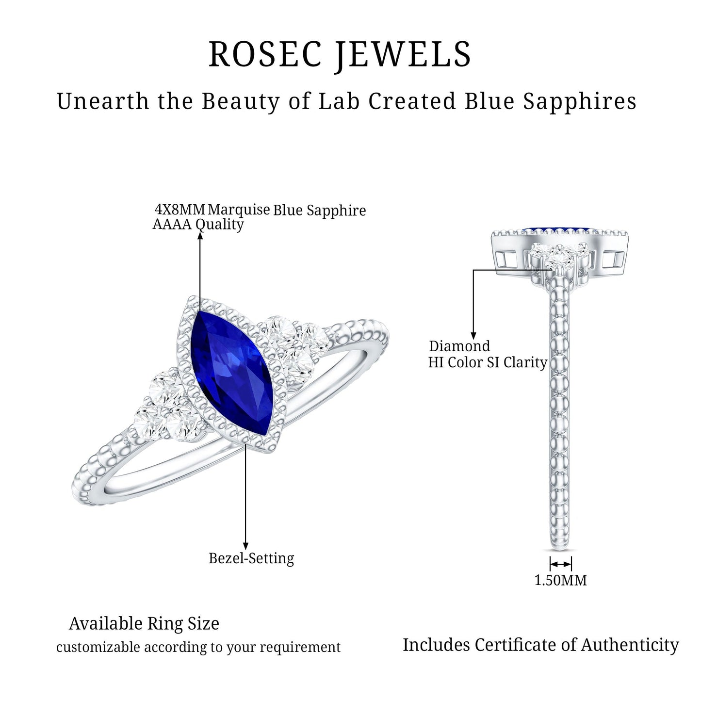 Vintage Style 0.7 Carat Lab Grown Blue Sapphire Marquise Engagement Ring with Diamond Trio