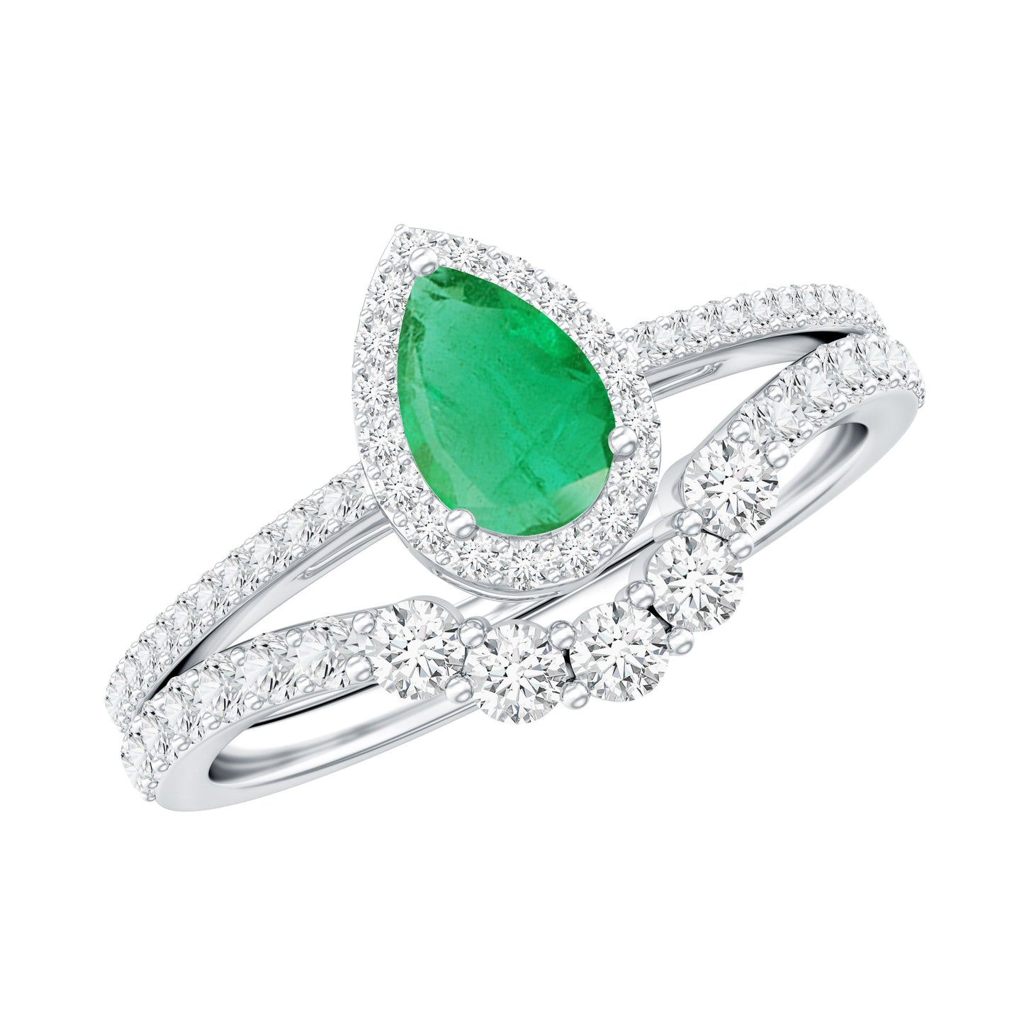 0.3 Carat Natural Emerald Diamond Pear Shaped Engagement Wedding Ring Set of 2