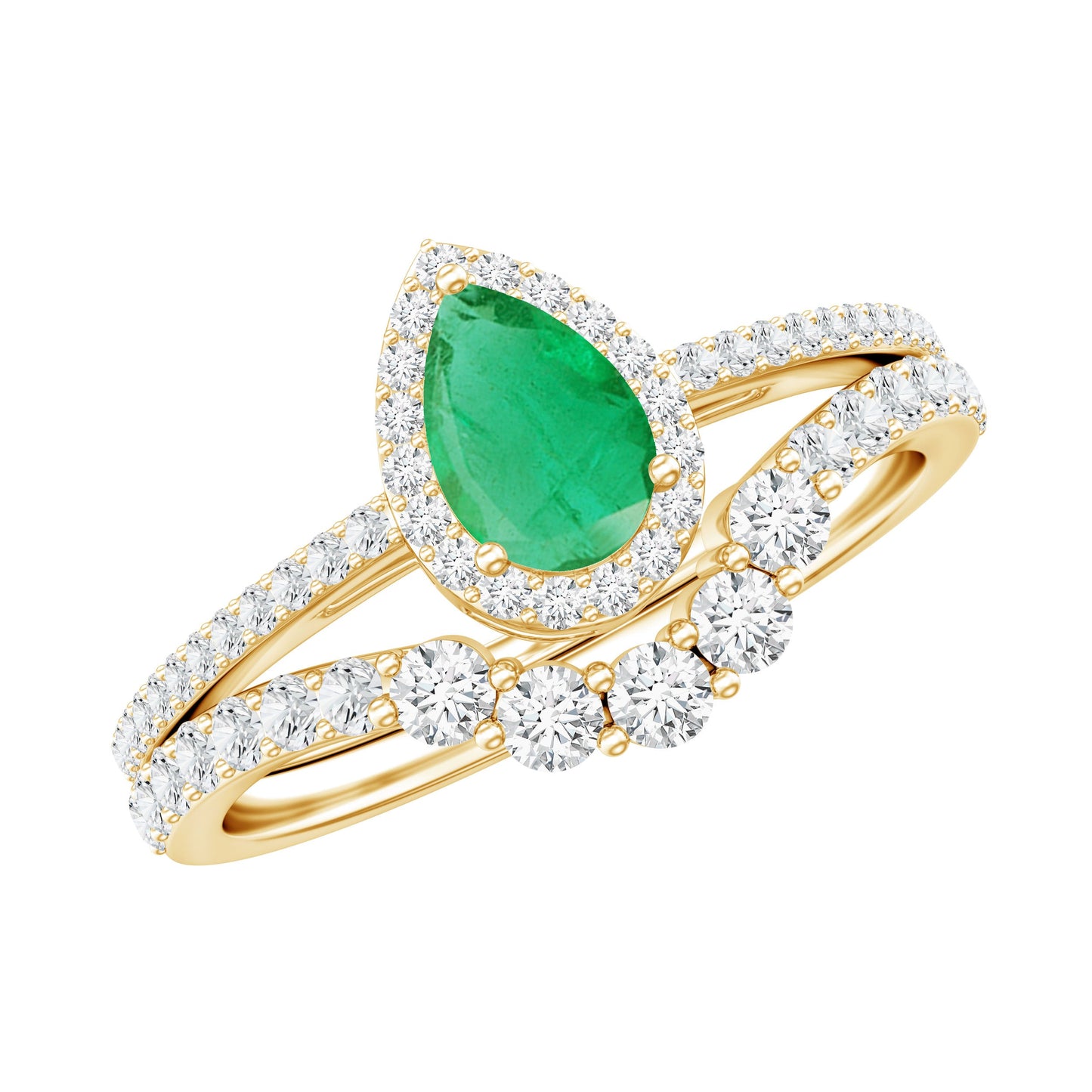0.3 Carat Natural Emerald Diamond Pear Shaped Engagement Wedding Ring Set of 2