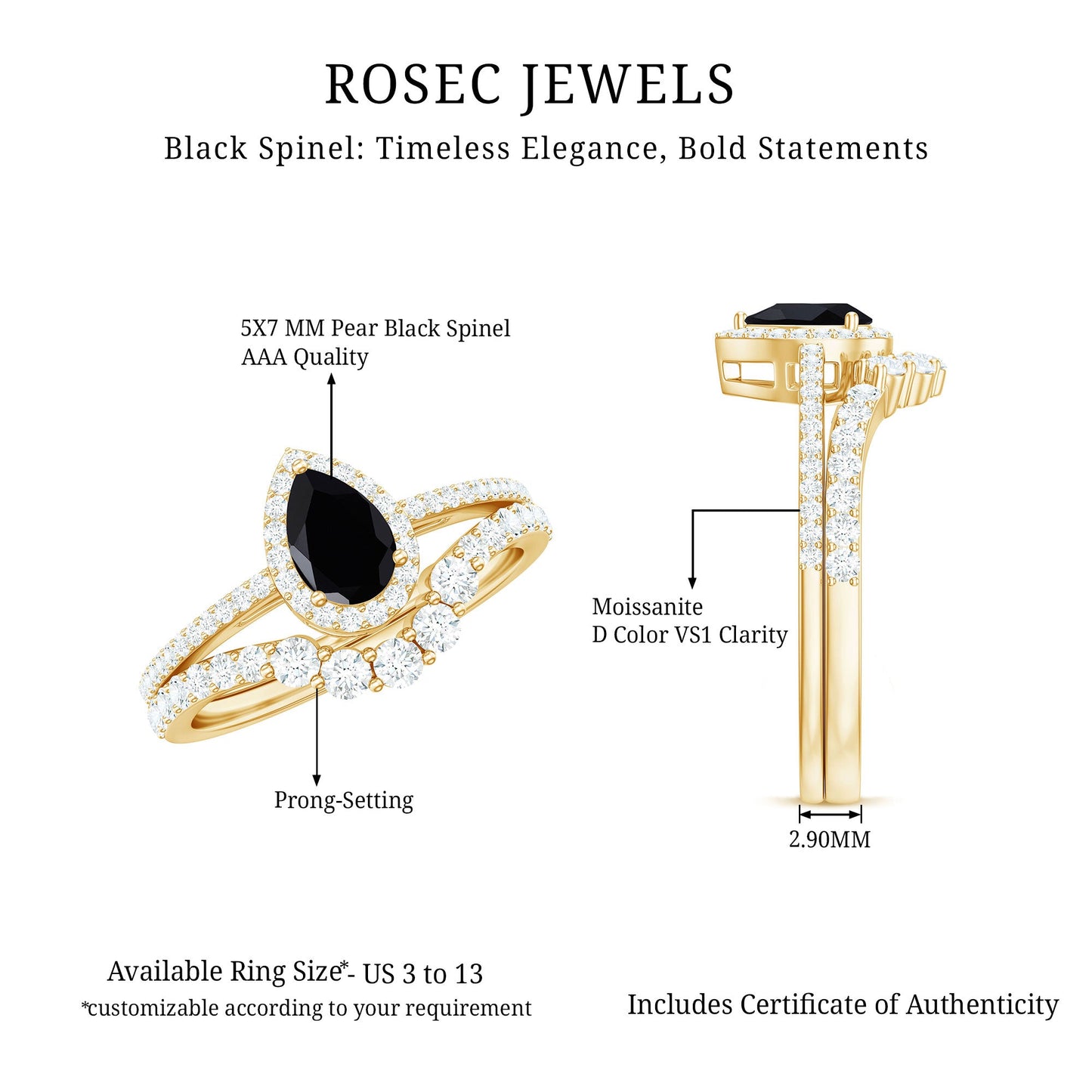 Natural Black Spinel Pear Shaped Engagement Ring with Moissanite Enhancer