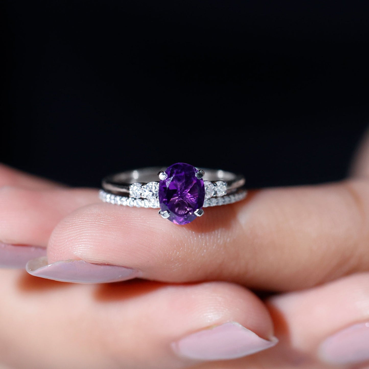 1 Carat Amethyst Diamond Oval Engagement Ring with Wedding Band