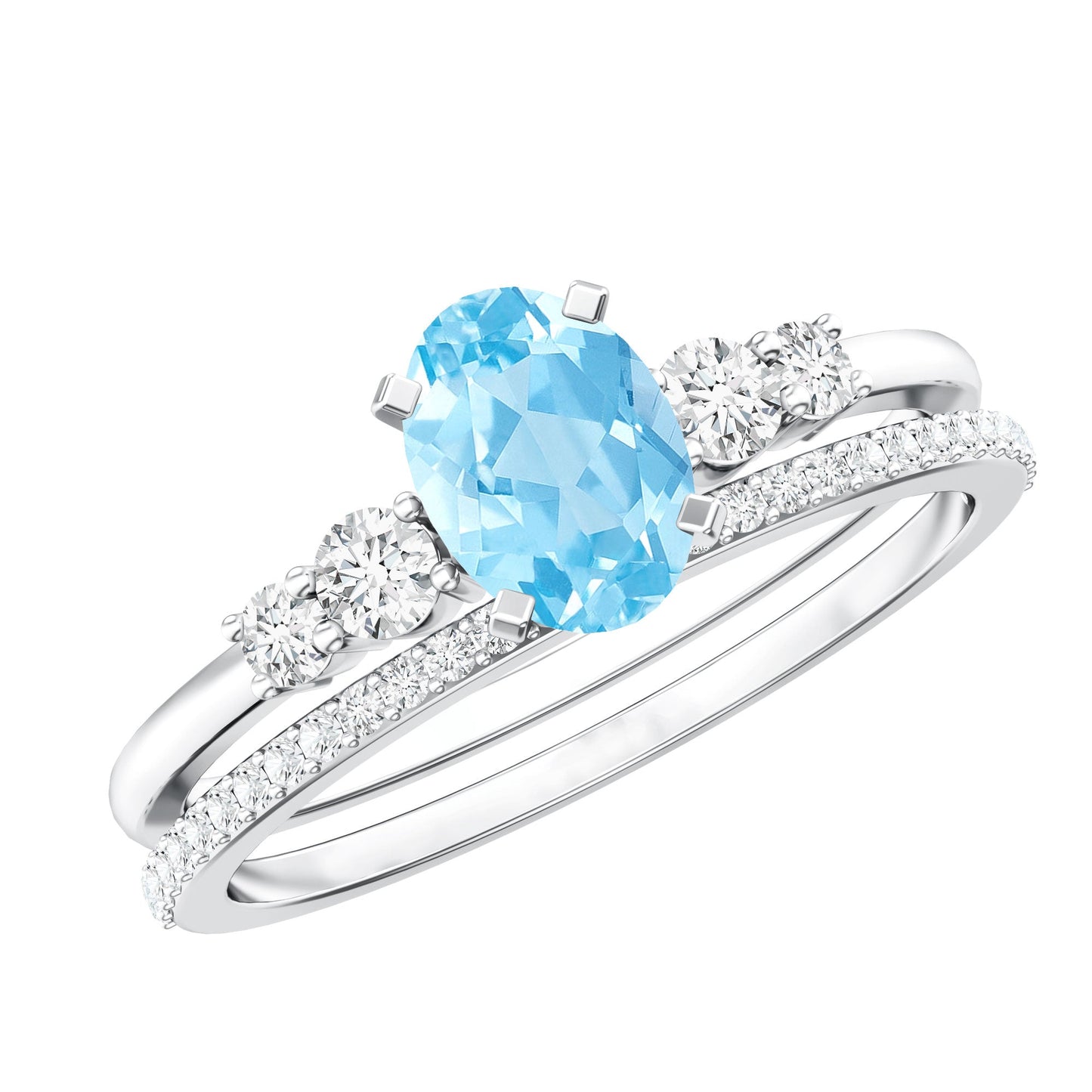 1 Carat Oval Shape Aquamarine Wedding Ring Set with Diamond